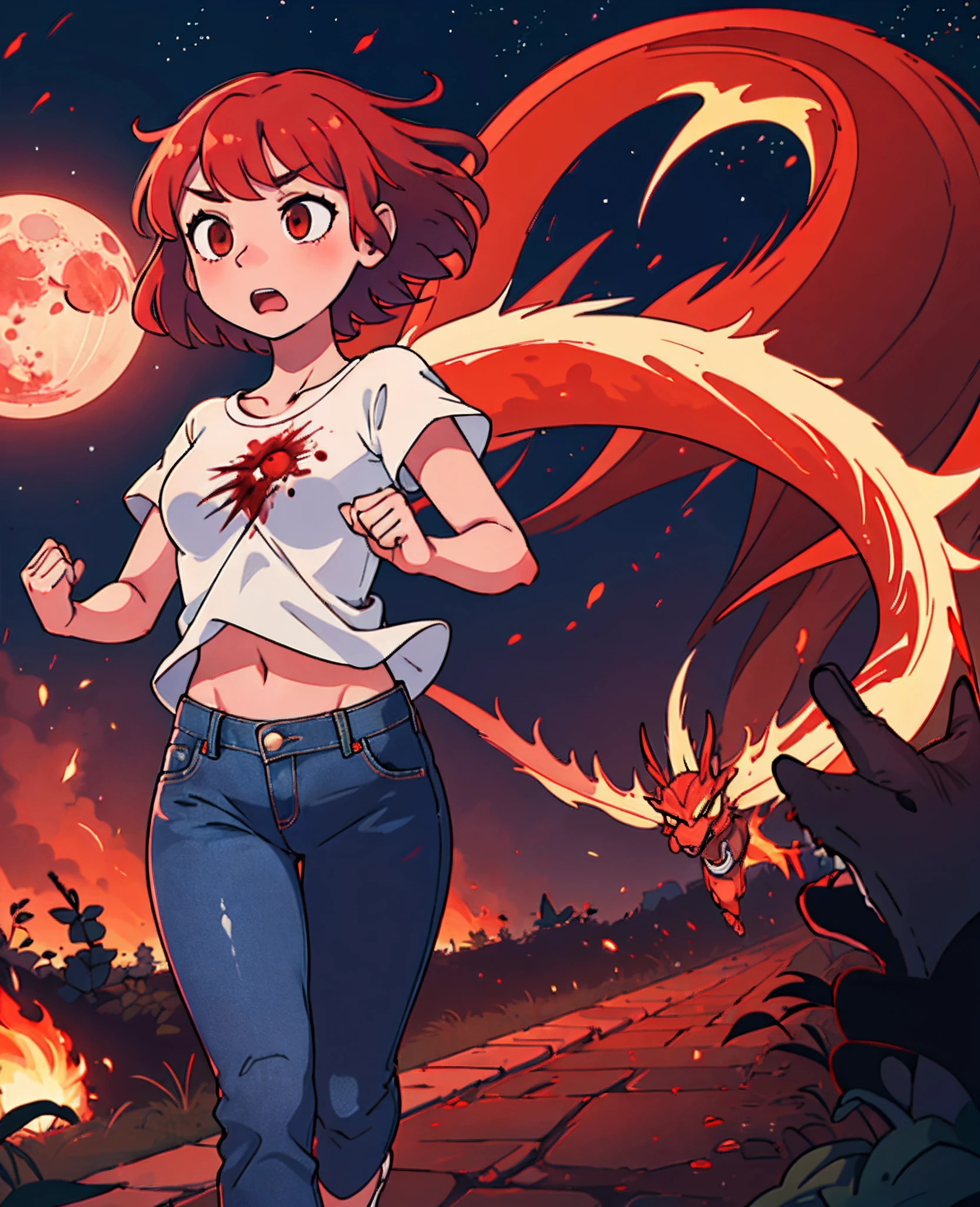 anime, 1 girl, red short hair, white top, jeans pants, white sport shoes, run away, red dragon, urban background, night, blood moon,