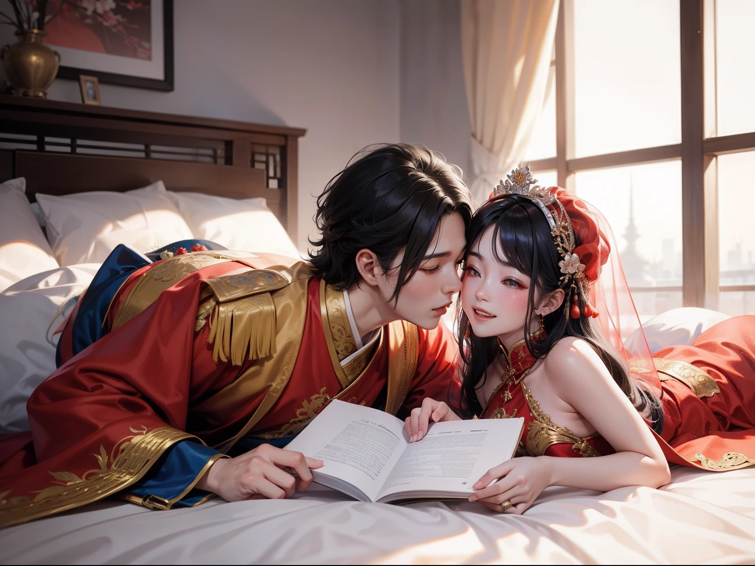 Chinese couple,Chinese Tang Dynasty costumes,Red bridal dress,wearing a hijab,grow、A smile full of happiness、Kiss、Lie down in bed、Panting Face、Tattered bridal outfits、full of sweat、Expressions in a state of excitement