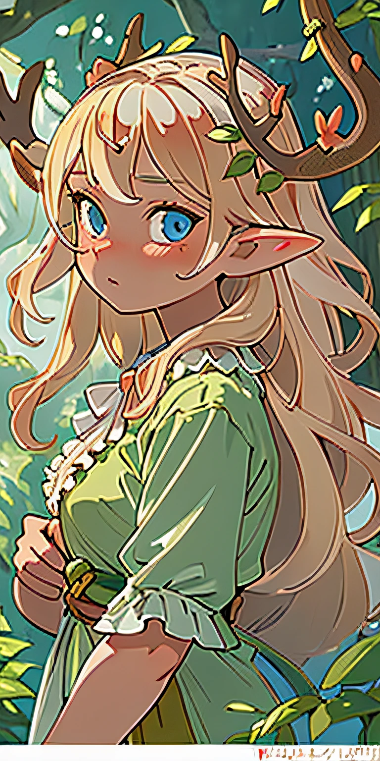 (masterpiece, best quality), 1girl, intricate details, blonde, leaf, wavy hair, looking at viewer, elf, upper body, forest, frills, mist, deer antlers,