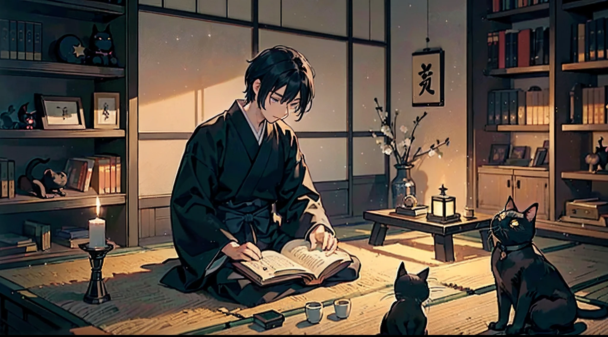 #night sky (darkness of night,no light,stars),
#a writing boy ( male、Honor Students、A dark-haired、short-hair、hakama,sit flat),
#black room at night (no light,black cat,wooden low table,one candle,pretty tatami,a lot of books,bookshelf)