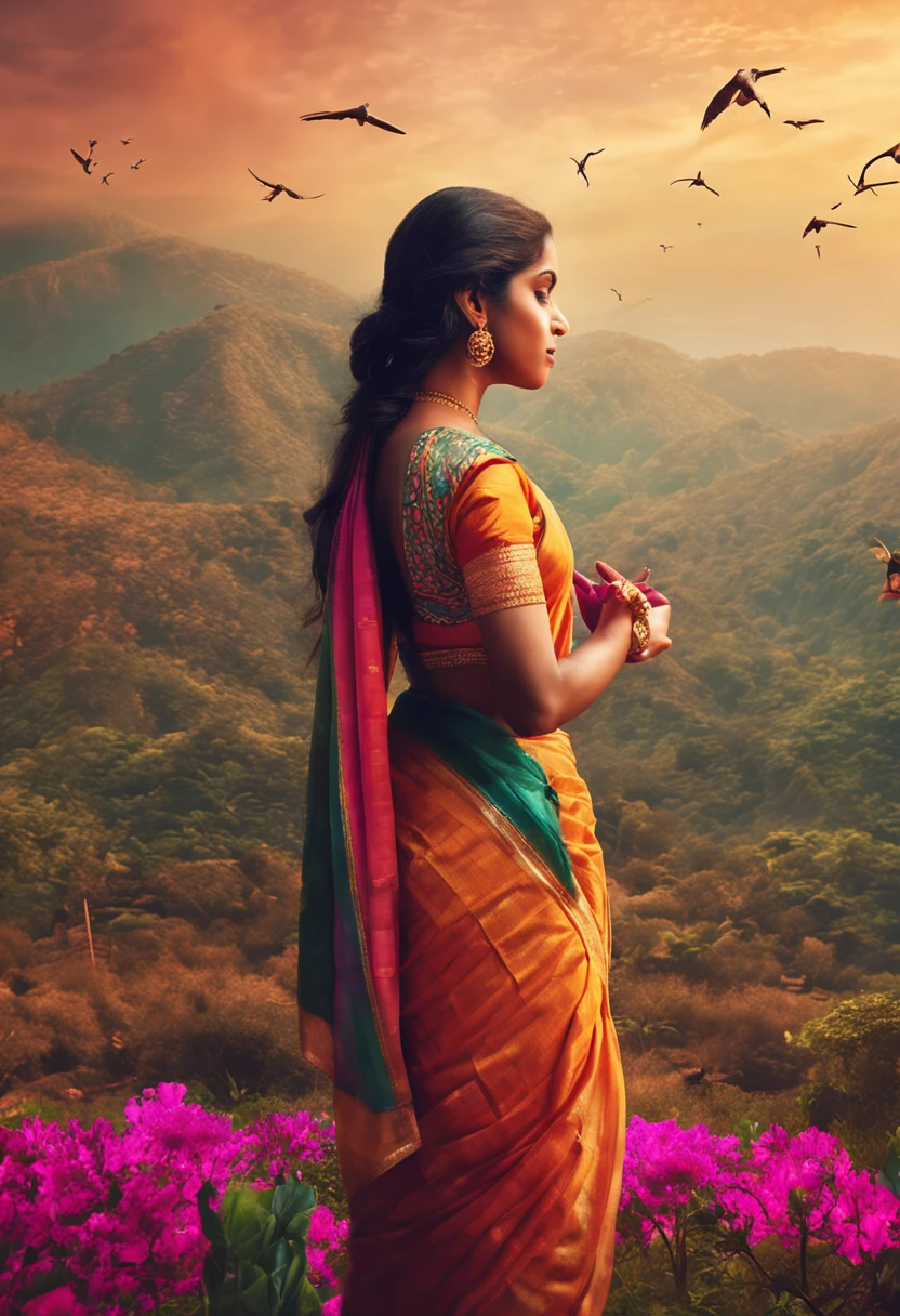 {Best quality}, {{Masterpiece}}, {A high resolution}, Original, Extremely detailed 8k wallpaper, 1girl, {An extremely delicate and beautiful}, A girl in Kerala saree loves Dosa,Fly in the sky