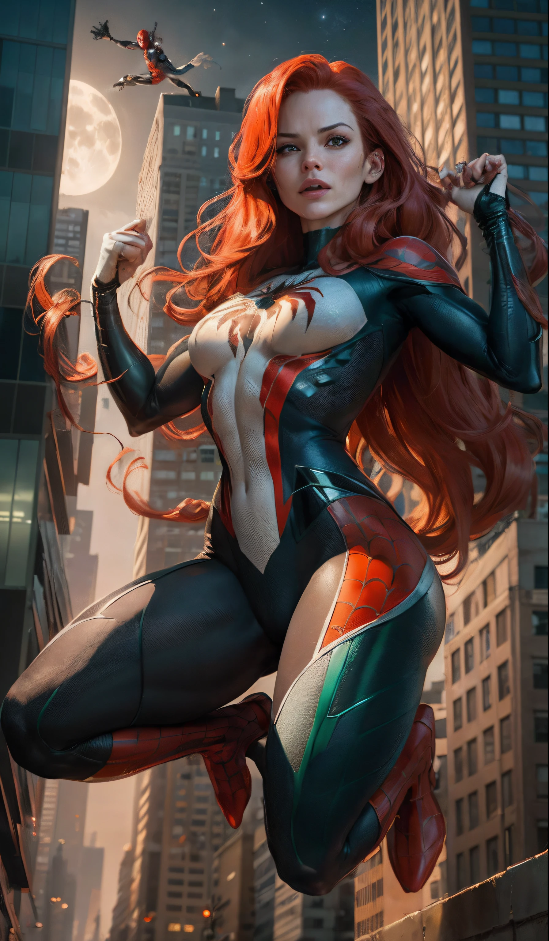 Looks like Jennifer Garner from Alias TV series, (Masterpiece, 4k resolution, ultra-realistic, very detailed), (White superhero theme, charismatic, there's a girl on top of town, wearing Spider-Man costume, she's a superhero), [ ((25 years), (long red hair:1.2), full body, (green eyes:1.2), ((Spider-Man pose),show of strength, jumping from one building to another), ((sandy urban environment):0.8)| (cityscape, at night, dynamic lights), (full moon))] # Explanation: The Prompt mainly describes a 4K painting of ultra-high definition, very realistic, very detailed. It shows a superheroine at the top of the city, wearing a Spider-Man costume. The theme in the painting is a white superhero theme, the female protagonist has long red hair, is 25 years old and her entire body is shown in the painting. In terms of portraying the actions of superheroines, spiders are employed