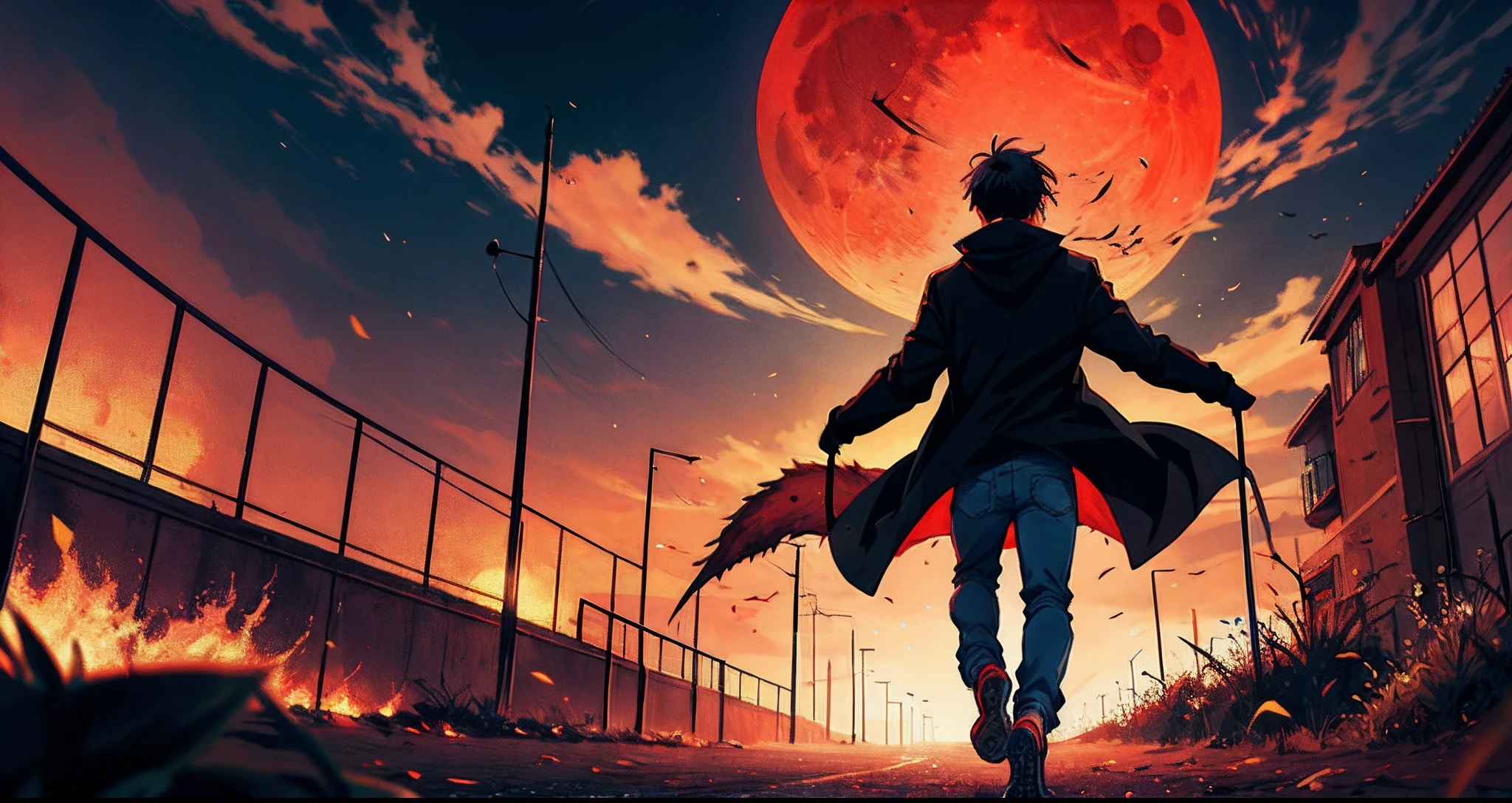 anime, 1 girl, red short hair, white top, jeans pants, white sport shoes, run away, red dragon, urban background, night, blood moon,
1boy, black clothes, black coat, black katana, black hair, run away