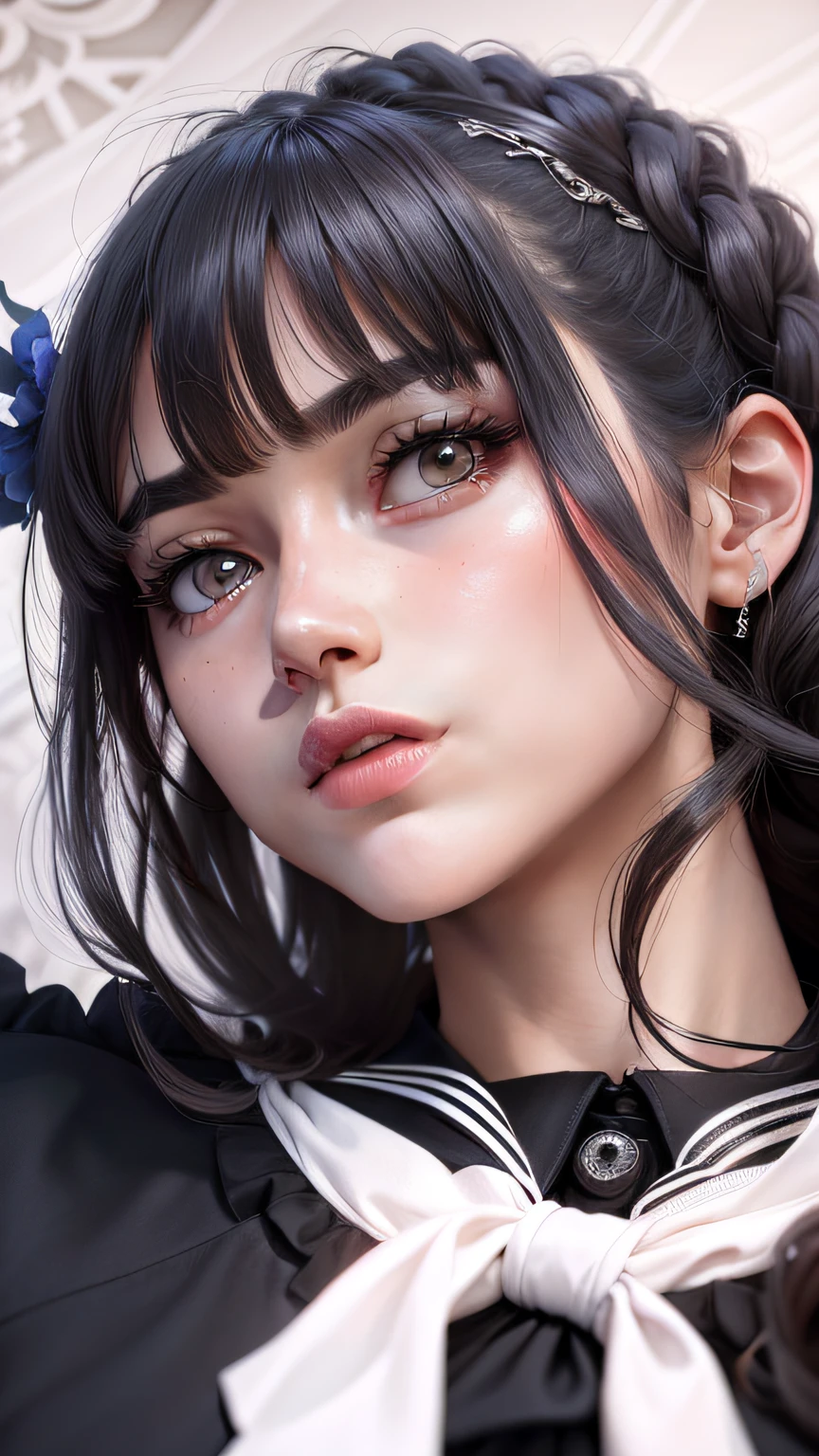 tmasterpiece，delicated，illustratio，{Beautiful Meticulous Girl}，beautiful and detailed aura，（Fire of war：1.2），（Nuclear explosion in the back：1.3），Sateen，detailed lighting，detail water，（beautiful and detailed eye：1.1），expressioness，palaces，sky-bluehair，stray hair，Long bangs，eyebrows very，（whitegreydress：1.1），black ribbon，white bowties，upper abdominals，big forehead，bleak，florals，