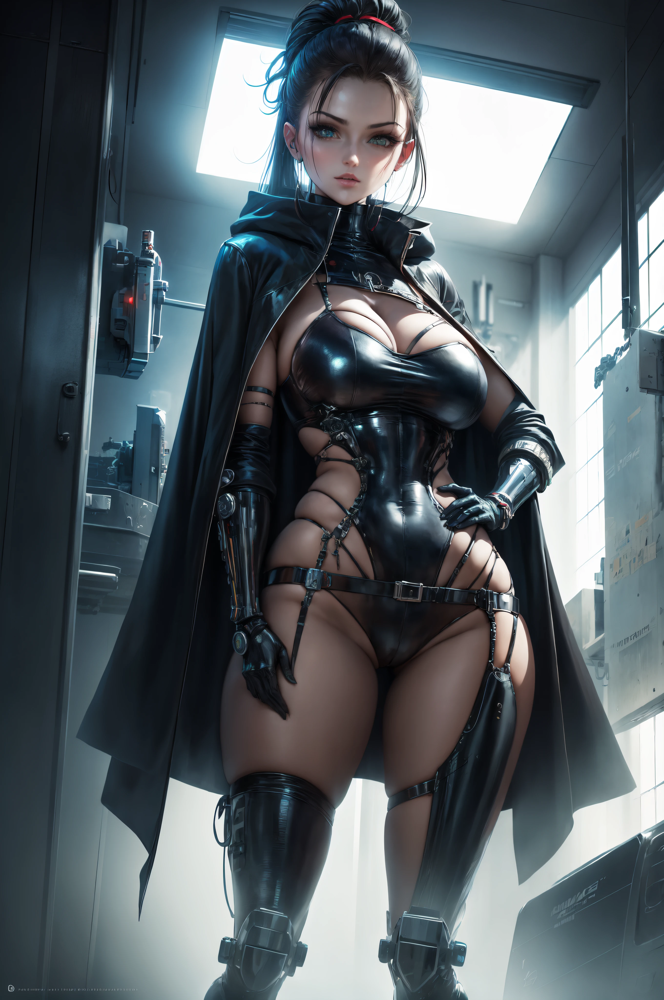 "Create a top-quality masterpiece with a cyberpunked theme featuring a girl undergoing cyborg surgery. Emphasize the mechanical frame and the girl wearing a long black coat. Highlight the integration of body parts with machines."