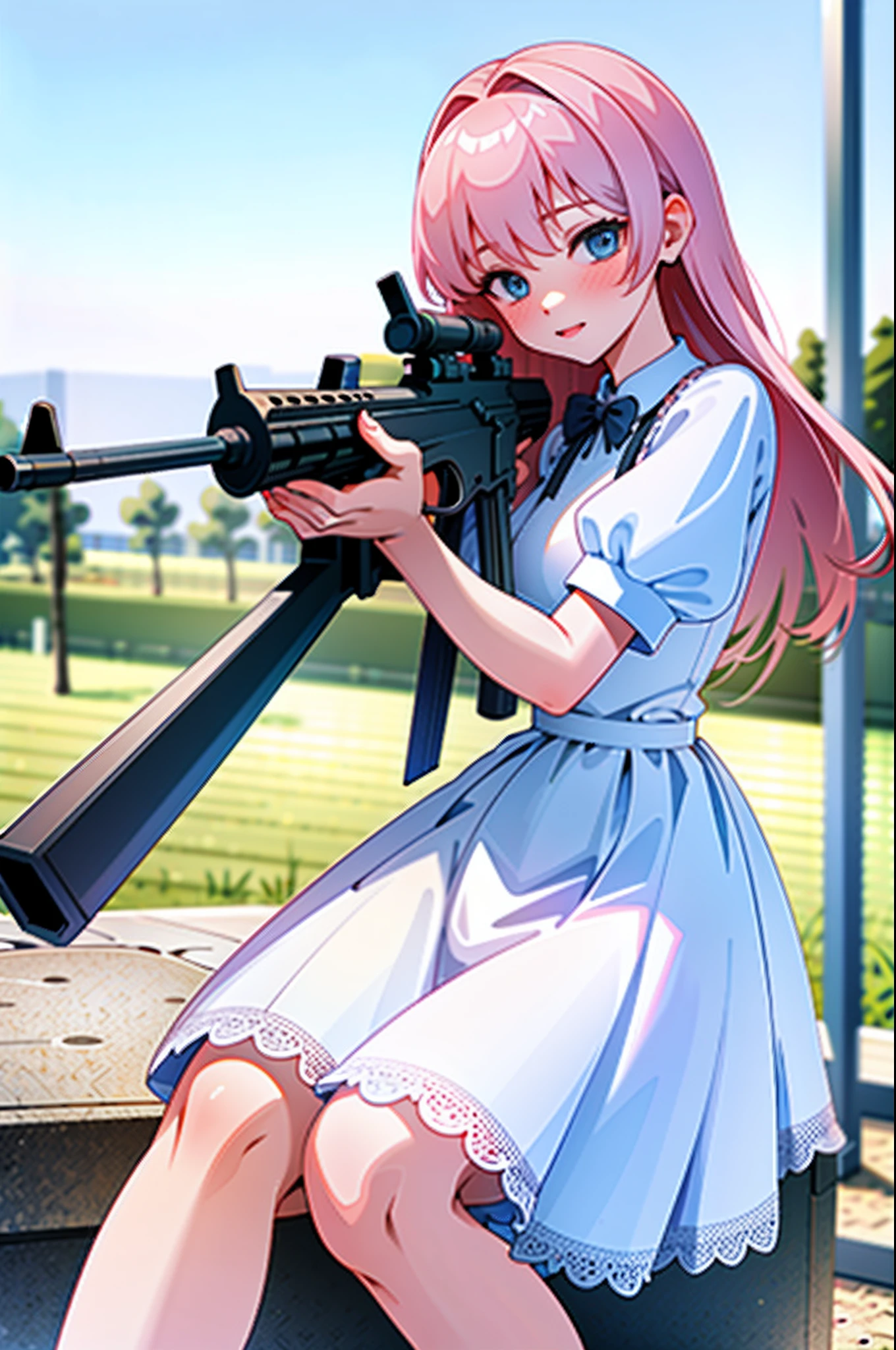 (Masterpiece:1.2), Best quality, A high resolution, Original, (Extremely detailed:1.2), Ultra-detailed, the wallpaper, Perfect lighting,(Extremely detailed CG:1.2), 8K,illustration,1girll, Solo, [White:Pink:17] Hair, Detailed blue eyes, ({Delicate|Short-sleeved}dress:1.19), {{Large skirt}}, ({Detailed|Delicate}Uzi machine gun:1.2), holding gun, Aim for, (aiming at viewer), Sit on a stone bench, Panchira, park, day