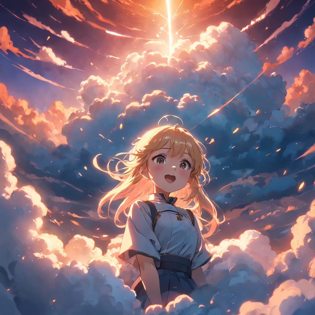 masterpiece, best quality, movie still, 1girl, cloud girl, floating in the sky, close-up, bright, happy, warm soft lighting, sunset, (sparks:0.7)