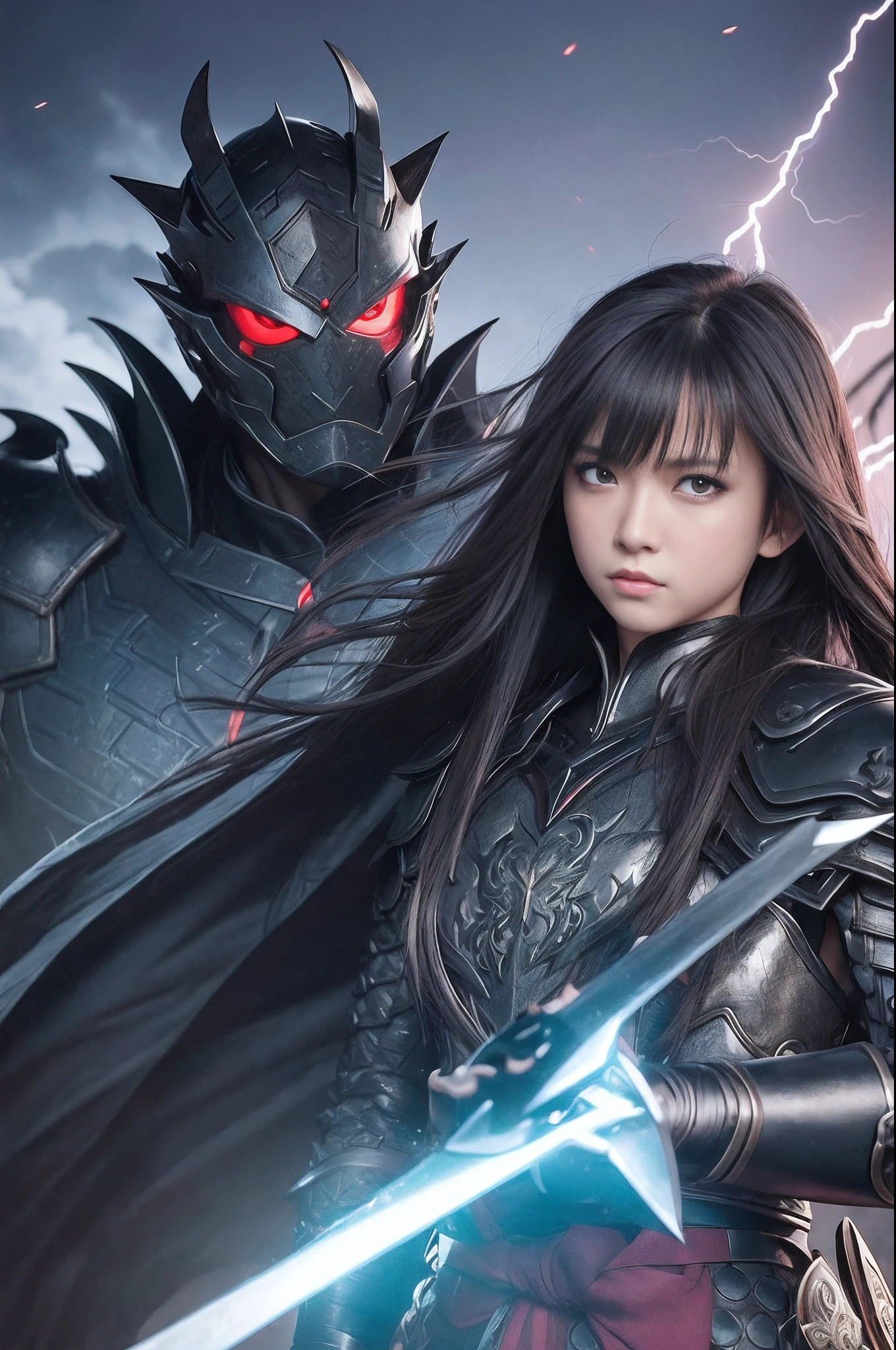 tmasterpiece、Female Warrior、dragon quest、The pitch-black dragon behind him、Sparkling crimson armor、He held a lightning sword、Wasteland、Countless monster attacks、highestdetailed、accuracy、Delicate depiction、Realistic、rugged face、Fine retail、Long and gray hair、Hair that flutters in the wind