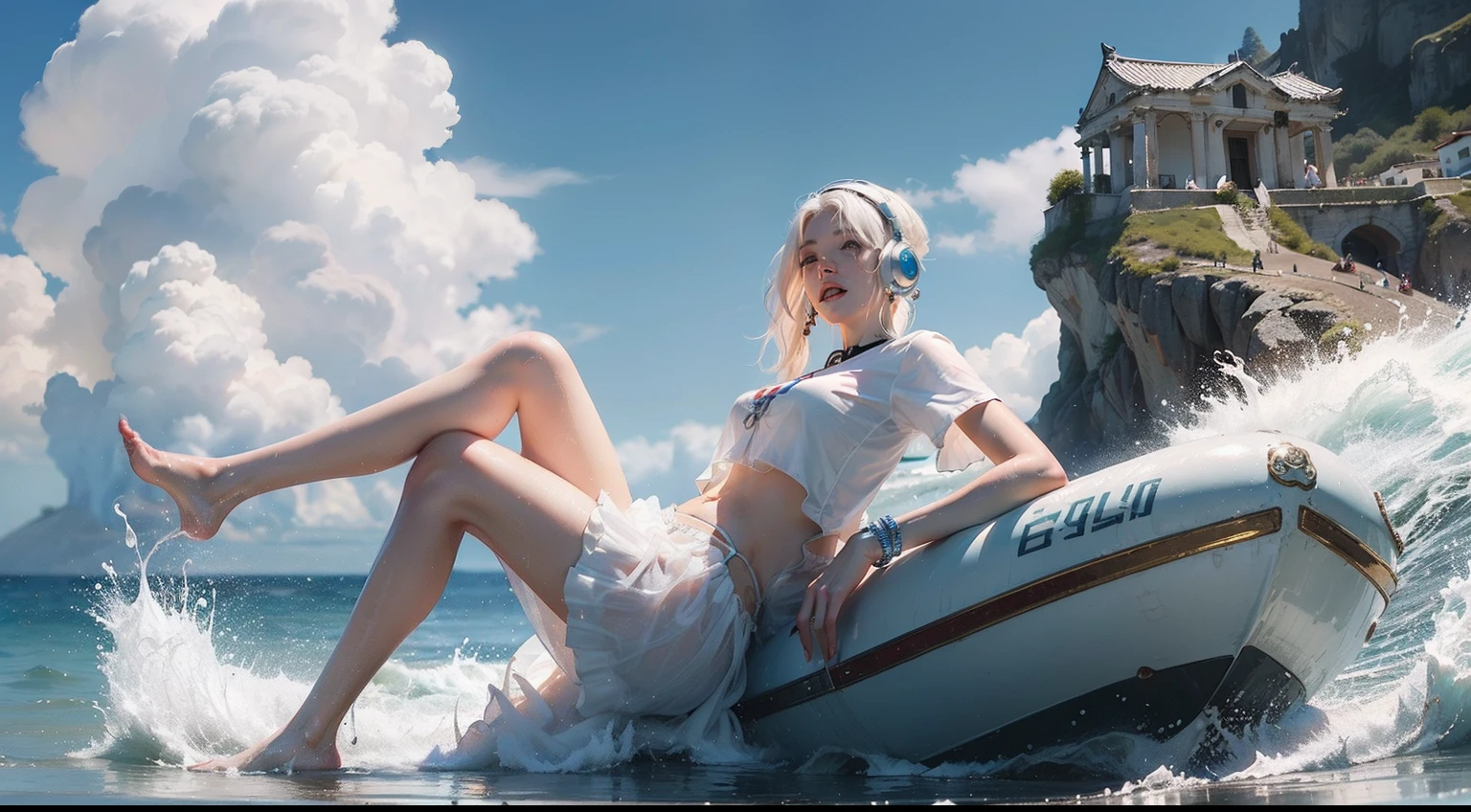 (realisitic,Photorealsitic:1.4),(1 Beauty:1.3),(beautiful countenance:1.5),Detailed shiny skin,A detailed eye,Precise hands and fingers,8K HDR, , masterpiece, (Dynamic angle footage),电影灯光, Finely drawn backgrounds,(Southland,the beach,Fashionable swimwear,splash water,Drenched girl),No hair ornament,jetty,Beautiful Chinese,s Fashion,White hair,Earmuffs,Greek Acropolis,beach,Open mouth,Rocky shore,Glossy lips,Upper body only shirt