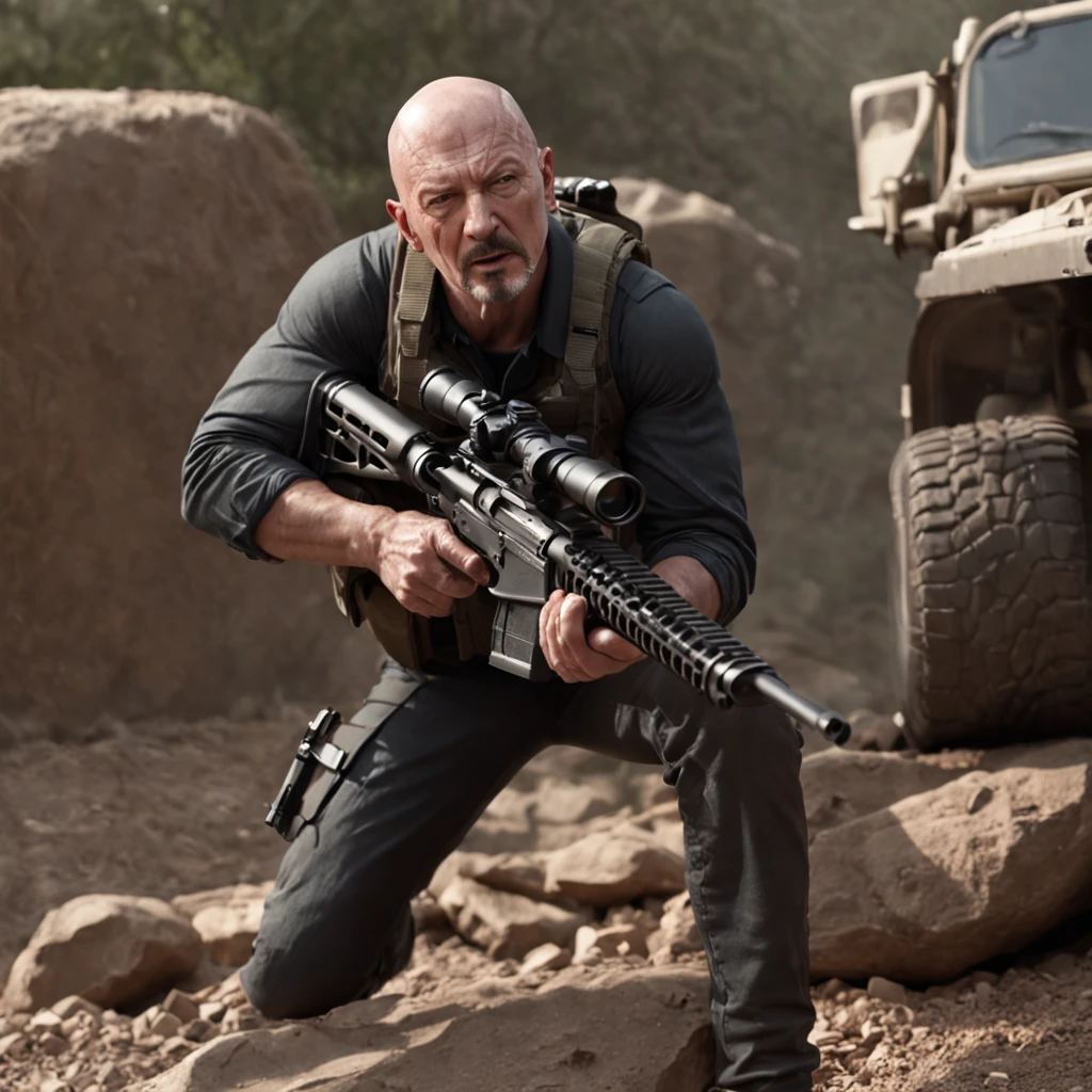 Tough mercenary type man holding a Remington® 700™ XCR Long-Range Tactical Bolt-Action Rifle,face mix of Tony Stark and bruce willis,bald head, realistically, dynamic lights, old,  full shoot,  trending on ArtStation, trending on CGSociety, High Detail, Sharp focus, dramatic, photorealistic , full bodyshot