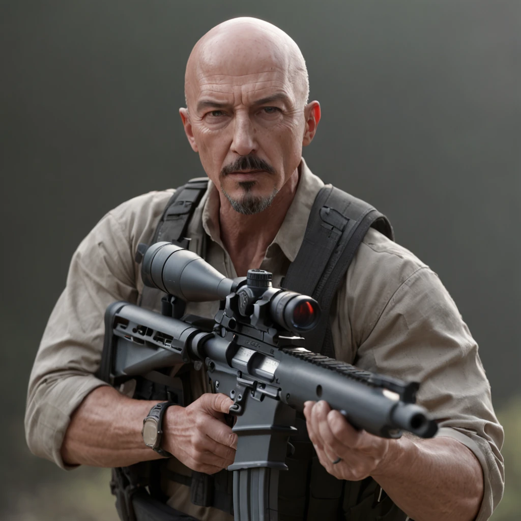Tough mercenary type man holding a Remington® 700™ XCR Long-Range Tactical Bolt-Action Rifle,face mix of Tony Stark and bruce willis,bald head, realistically, dynamic lights, old,  full shoot,  trending on ArtStation, trending on CGSociety, High Detail, Sharp focus, dramatic, photorealistic , full bodyshot