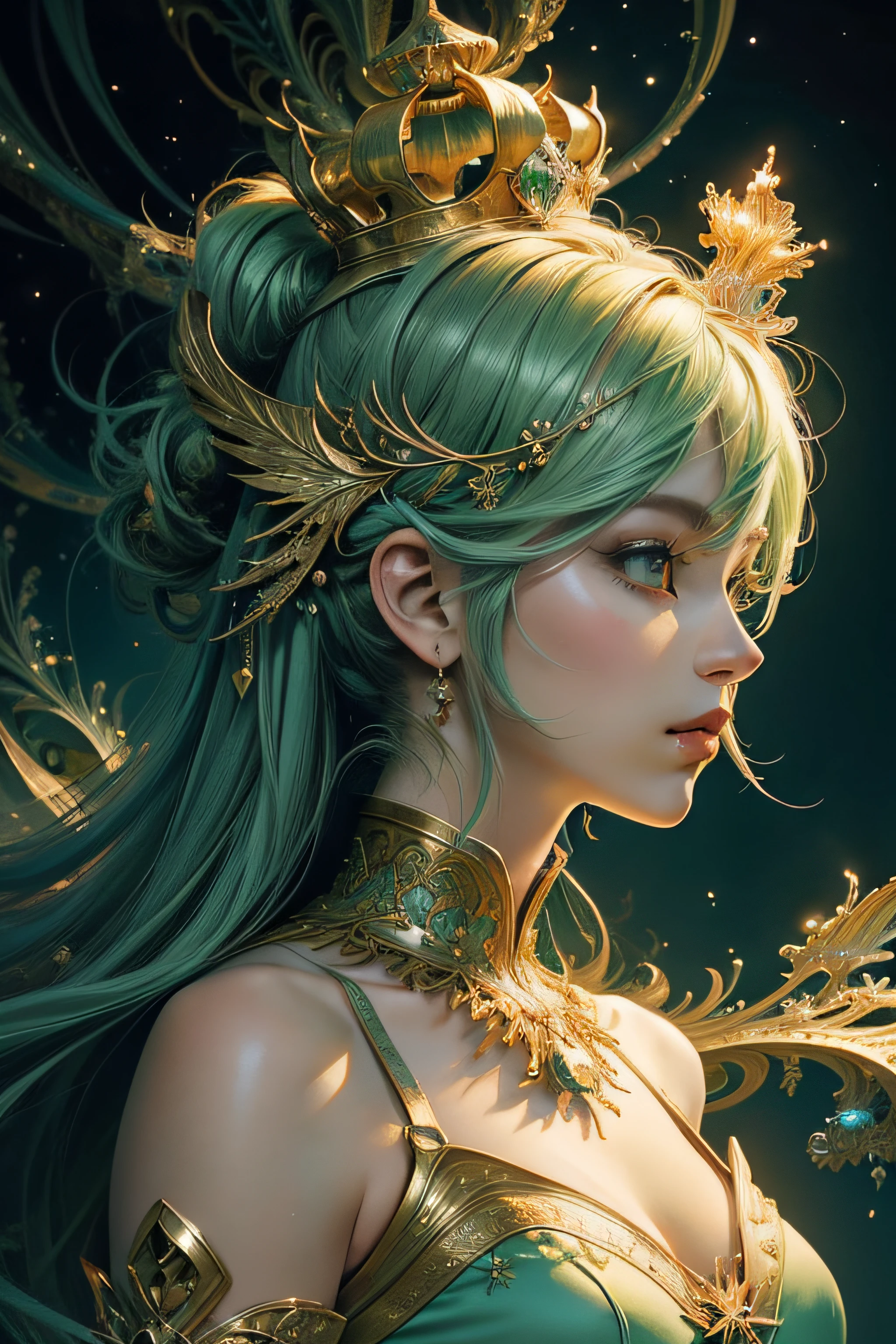 (masterpiece, top quality, best quality, official art, beautiful and aesthetic:1.2), (1girl), extreme detailed,colorful,highest detailed,cute, light green hair, crown,(fractal art:1.3),