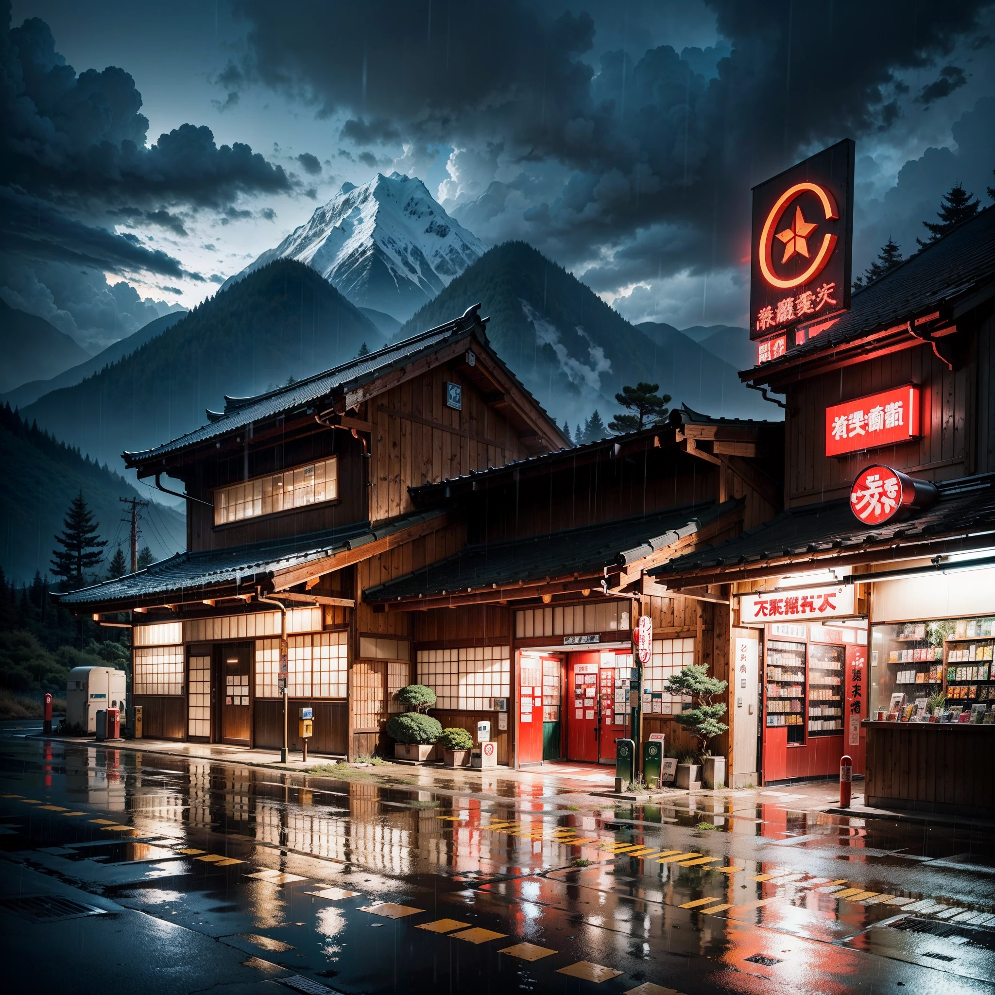 modern Japanese gas station by the side of a road in the mountains. modern Japanese architecture, night-time, rain, best quality, (no one: 1), anime, anime style, lofi, dramatic weather, Japanese shop signs, lofi style, no other building, vegetation, woods, puddles of water, heavy rainfall, neon signs,
