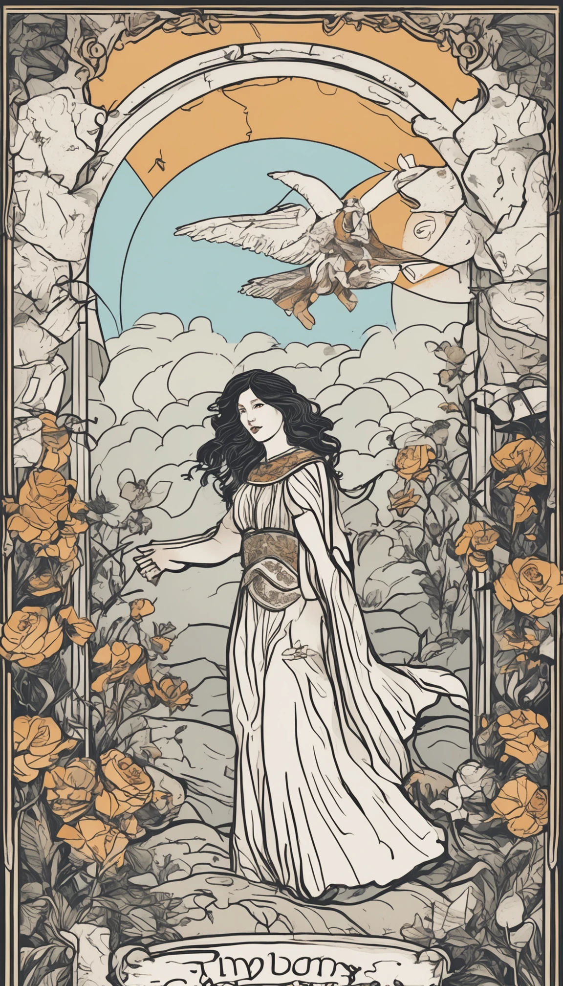 tarot card background,A woman with straight black hair holds a bouquet of white roses in her left hand,Jump off a cliff,The right hand holds the scepter,There are bags on it,There are white clouds all around,The sun is bright,white backgrounid,There is a white cat at his feet,Blue flowers around,Look directly into the camera,中景 the scene is