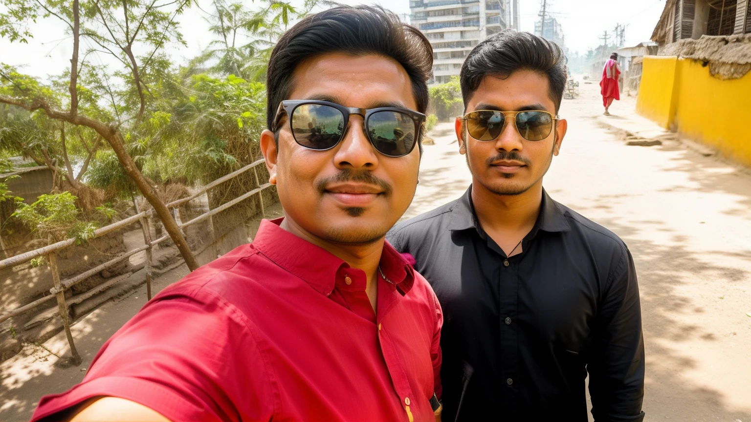 they are two men standing next to each other wearing sunglasses, in city street, candid picture, with accurate face, very clear picture, selfie photography, selfie photo, with sunglass, assamese, friendship, taken with sony alpha 9, viral post, very artistic pose, with village, in sunny weather, ghutra and egal, old picture