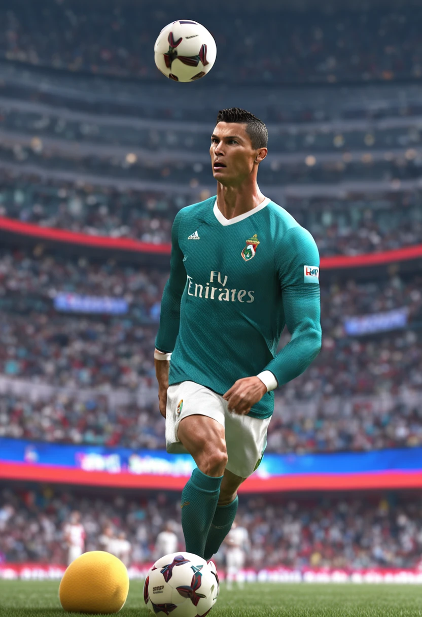 Cristiano Ronaldo chutando a bola de cor branca. renderizado 3D vray