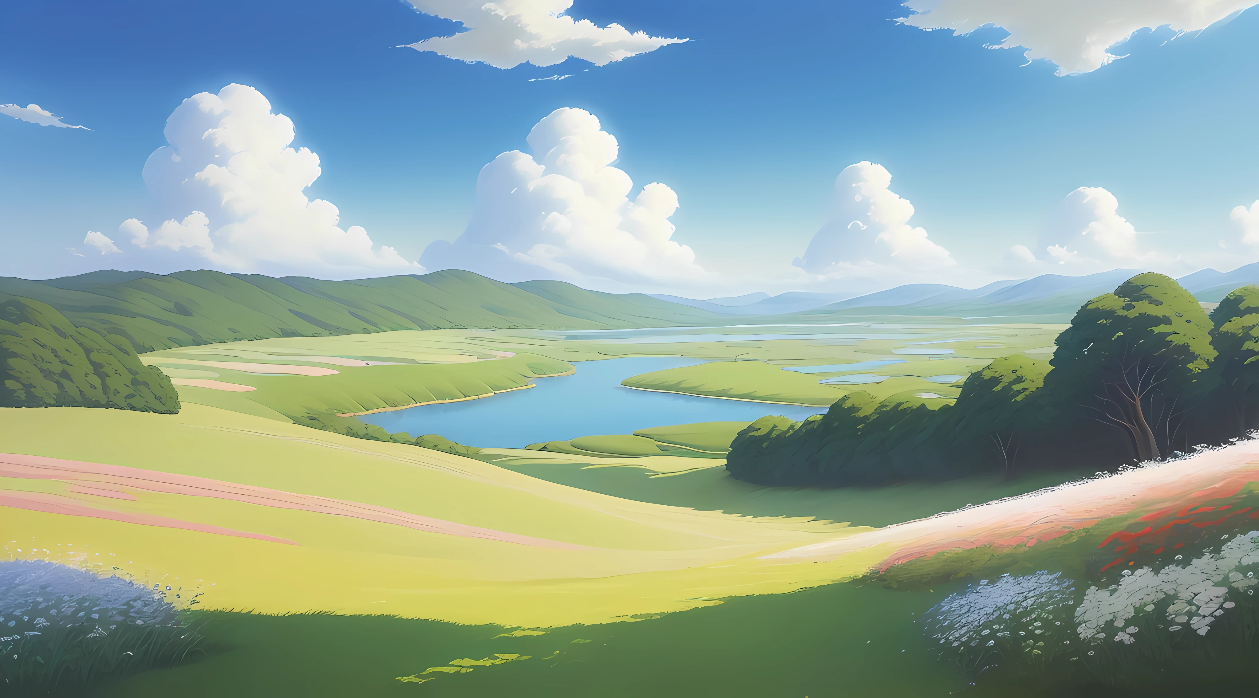 Realistic, authentic, beautiful and amazing landscape oil painting Studio Ghibli Hayao Miyazaki's petal grassland with blue sky and white clouds --v6