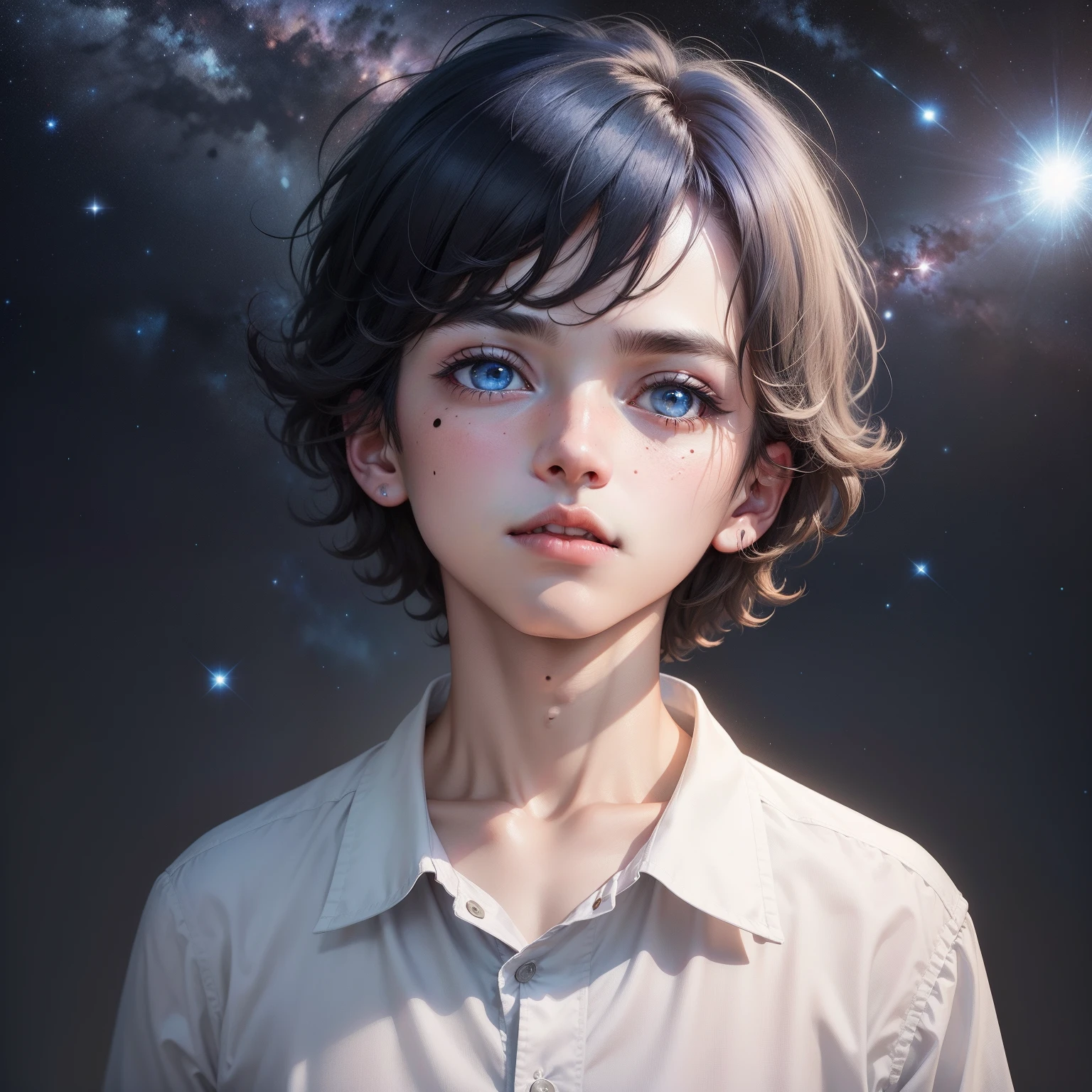 One Boy,masterpiece,Top image quality,Beautiful Boys,hair messy,A dark-haired(Bob Hair),hair_bloo,Eyes are sapphire blue,White shirt with collar,Looking Up,Moles around the eyes,(starryskybackground),(fleeting)