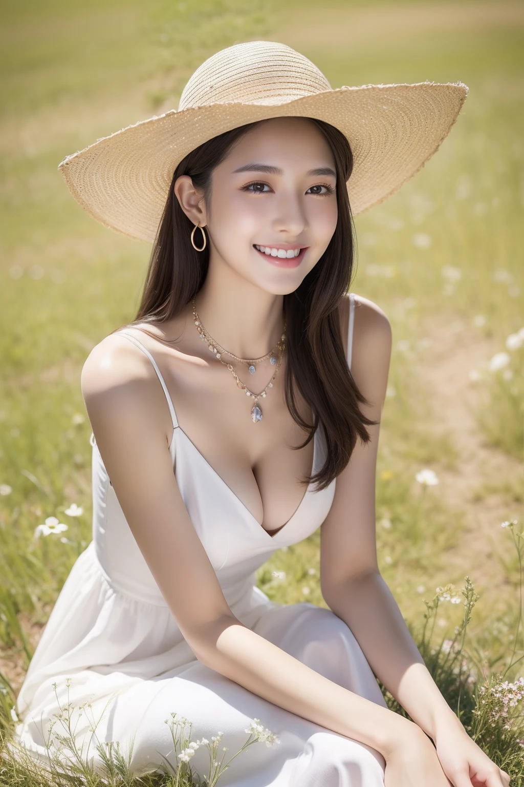 17-year-old beautiful girl、Light natural makeup、Lustrous long black hair、long legs slender and large breasts,、Beautiful eyes、Happy smile、White dress and hat、Lean forward with hands on your knees、Casual simple earrings and necklaces、Women's Watches、sandal、Spring meadow with spring breeze