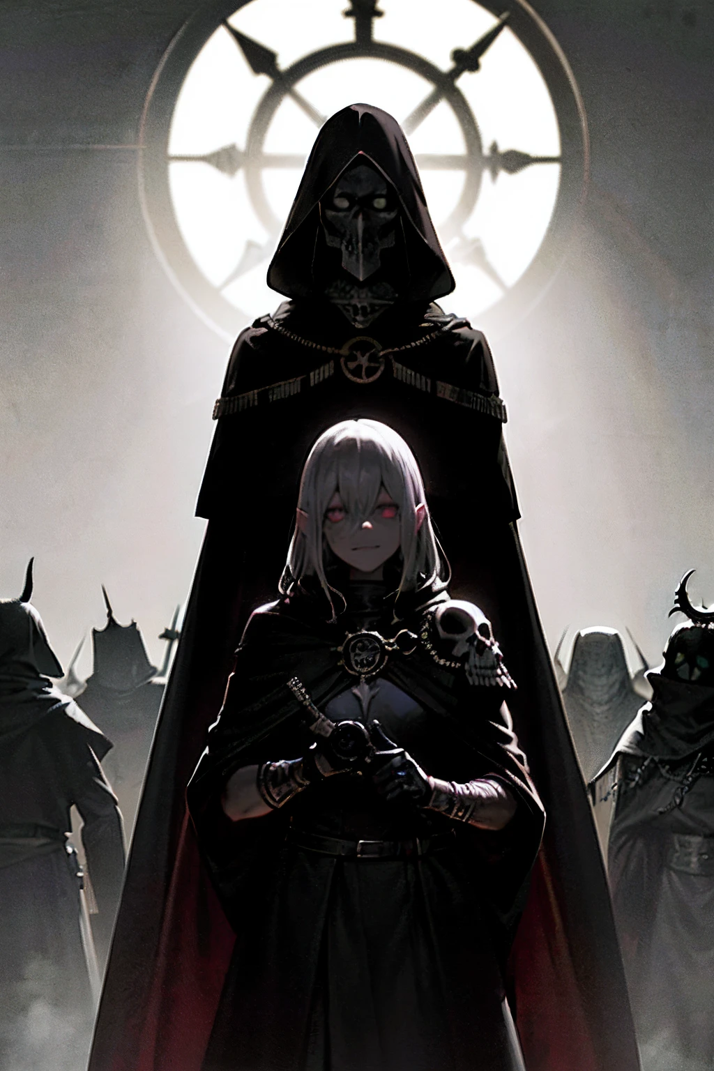 (D&D Dark Sun Art, Armor Cross-Dress, Wheel Pistol, Skull Piles, Vecna Mask, Cult Audience, Dark Fantasy Art, Morbach, Warhammer Fantasy Art, Lich Vecna, Dungeons & Dragons Fantasy Art, Black Robe, Decaying Knight), (High Fantasy Concept Art, Black Robe, Giant Keel, Vicious Smile), (Stunning Light and Dark Effects, Atmospheric Dark Tones, Poor and Spooky)