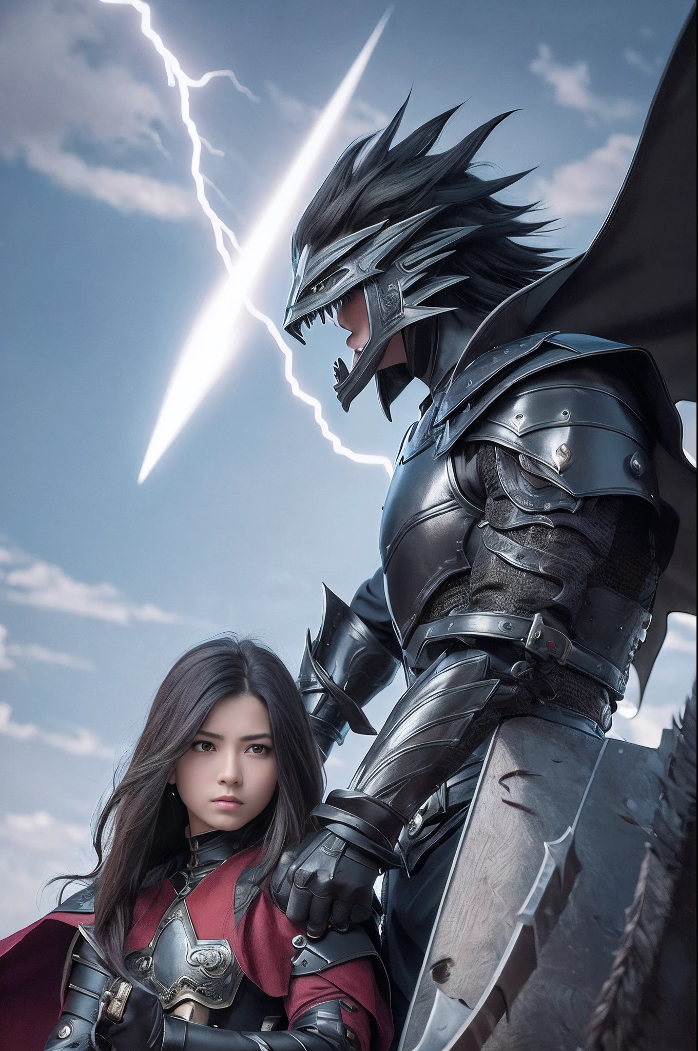 tmasterpiece、Female Warrior、dragon quest、The pitch-black dragon behind him、Sparkling crimson armor、He held a lightning sword、Wasteland、Countless monster attacks、highestdetailed、accuracy、Delicate depiction、Realistic、rugged face、Fine retail、Long and gray hair、Hair that flutters in the wind