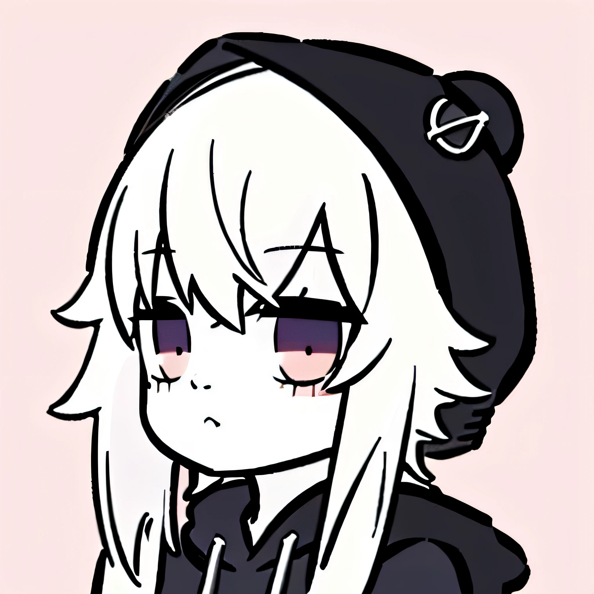1girl, white hair, black hoodie, hood over top, hood on hair, pink eyes, portrait, close up, side view, solo, simple background, confident
