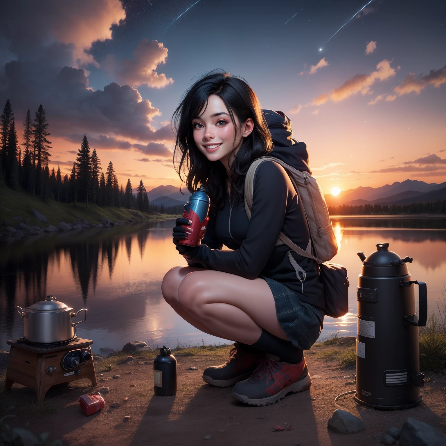 1 woman, black hair, skirt, cold blouse ((full body, crouching, smiling, happy)), masterpiece, best quality, perfect eyes, perfect hands, perfect legs, ultra-detailed, solo, outdoor, (sunset), mountains, nature, (stars, cloud) cheerful, happy, backpack, sleeping bag, camping stove, water bottle, tennis, gloves, flashlight, forest, stones, river, wood, smoke, shadows, contrast, style, (warm hue, warm tone: 1.2), cinematic light, side lighting, ultra high resolution, best shade, RAW, wooden house, campfire