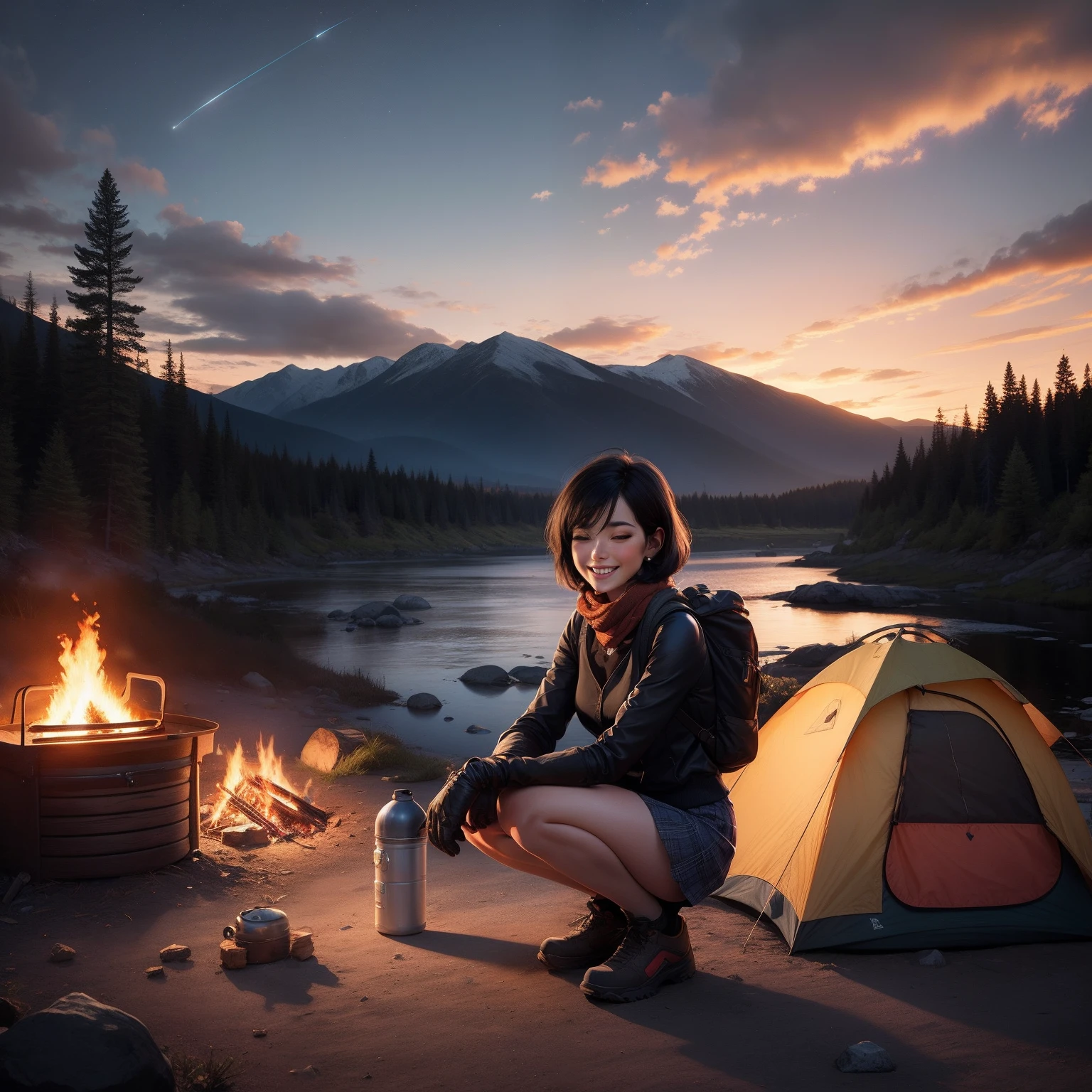 1 woman, black hair, skirt, cold blouse ((full body, crouching, smiling, happy)), masterpiece, best quality, perfect eyes, perfect hands, perfect legs, ultra-detailed, solo, outdoor, (sunset), mountains, nature, (stars, cloud) cheerful, happy, backpack, sleeping bag, camping stove, water bottle, tennis, gloves, flashlight, forest, stones, river, wood, smoke, shadows, contrast, style, (warm hue, warm tone: 1.2), cinematic light, side lighting, ultra high resolution, best shade, RAW, wooden house, campfire