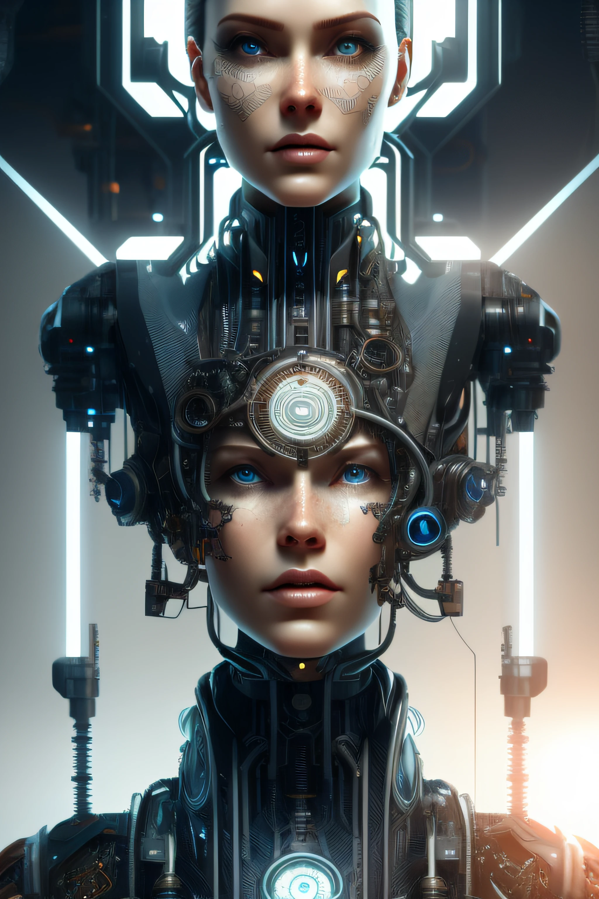 hyperrealistic portrait of a cyberpunk hacker woman, by Guy Denning, by Johannes Itten, by Russ Mills, hacking effects, detailed lines, network, cybernetics, cables, computation, technological, color blocking, circuitry, digital, oil on canvas, insane detail, front view, symmetrical, octane, concept art, abstract, artistic, 8k, cinematic, trending on artstation