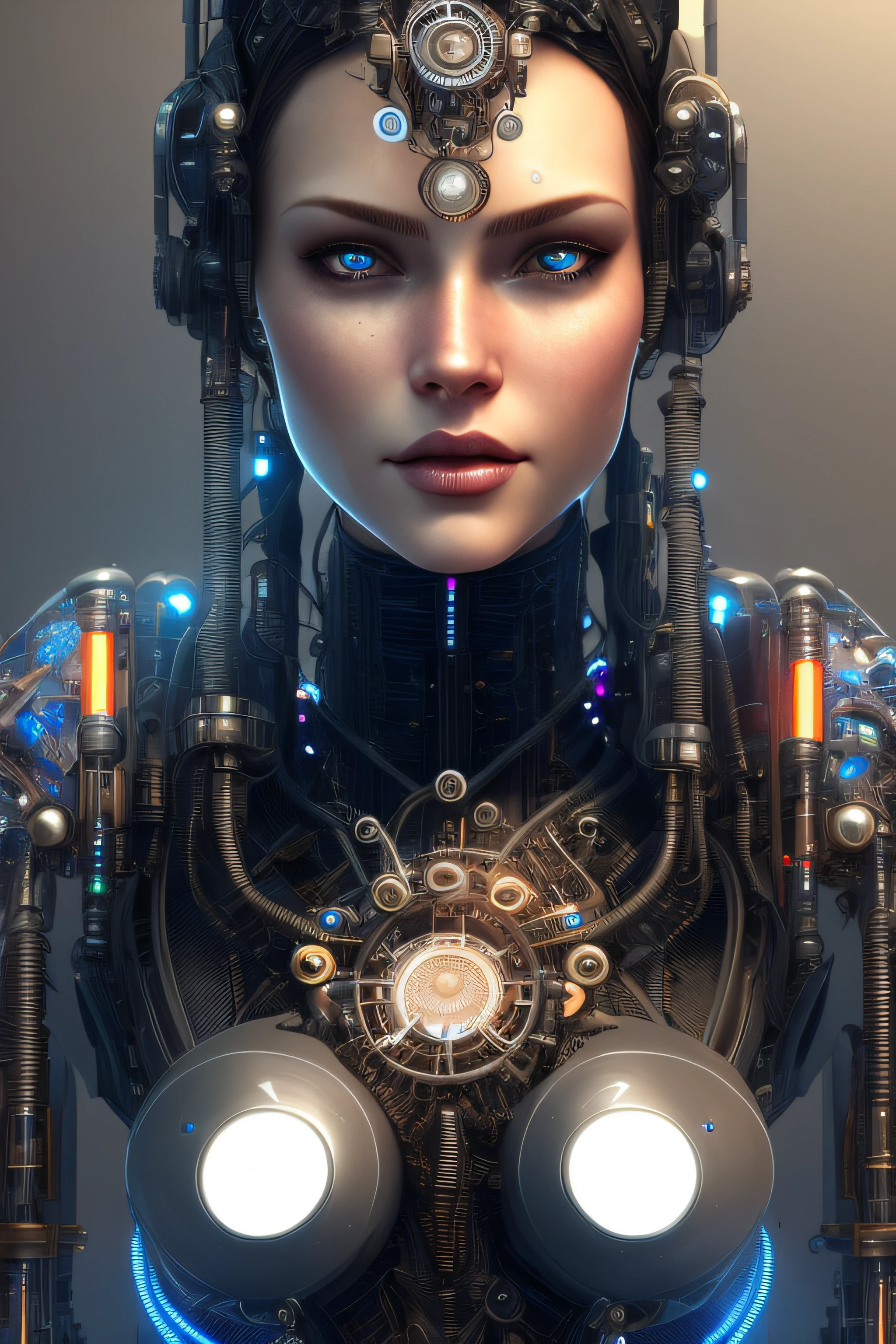 1mechanical girl,((ultra realistic details)), portrait, global illumination, shadows, octane render, 8k, ultra sharp,metal,intricate, ornaments detailed, cold colors, egypician detail, highly intricate details, realistic light, trending on cgsociety, glowing eyes, facing the camera, neon details, mechanical limbs, mechanical vertebra attaching to back,mechanical cervial attaching to neck,sitting,wires and cables connecting to head, gigantic breasts, cleavage, bursting breasts, brunette hair, wide angle, huge ass, worm monster with a lot of teeth swallowing woman's head, abstract art, pixel art