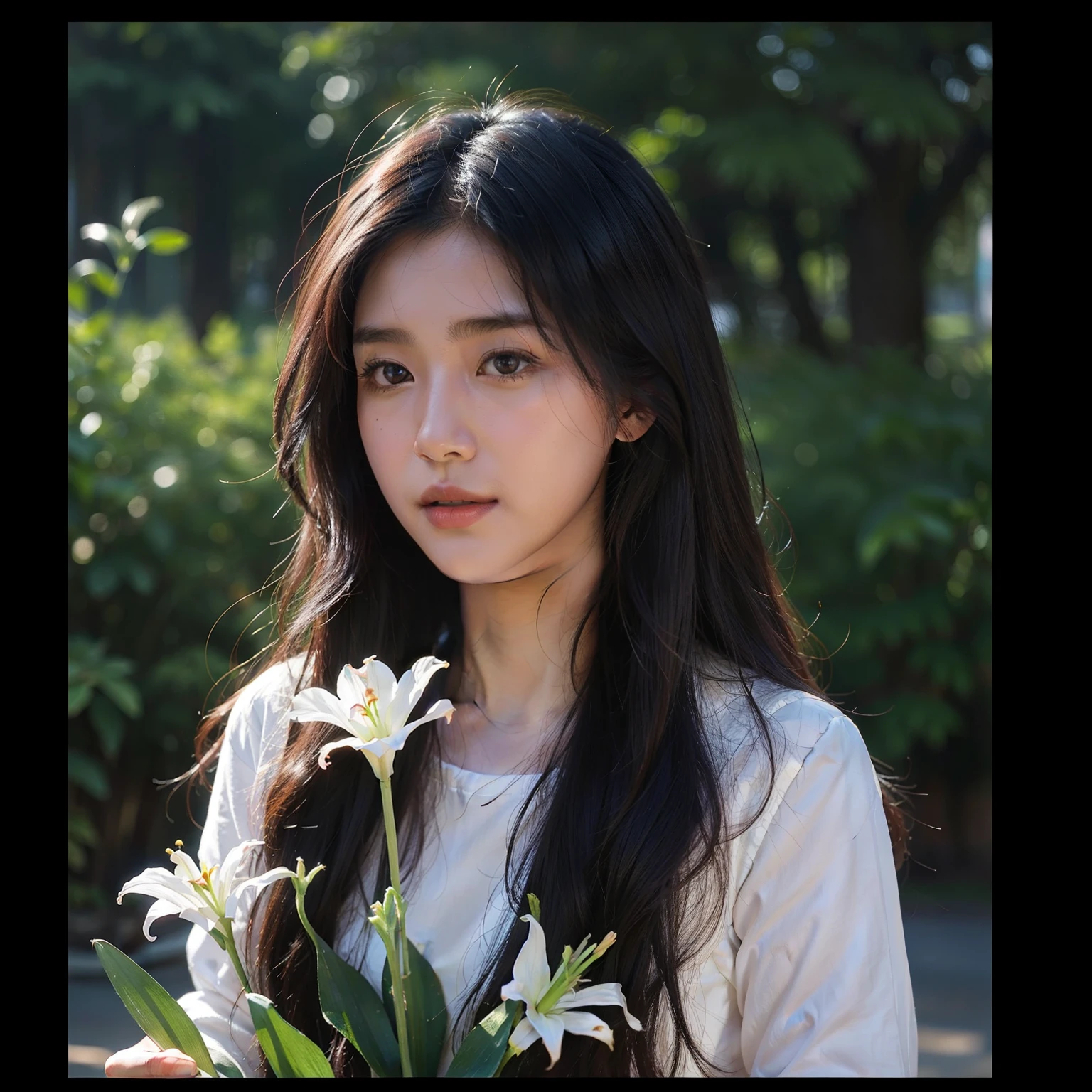 An Asian girl,Long dark curly hair,long eyelasher,Natural lip color,Shy,Hold a lily in your hand,Look down at the flowers,Surrealist portraits of women by David Hockney and Alphonse Mucha,Fantasyart,photographrealistic,动态照明,artstation,poster for,Volumetriclighting,Very detailed faces,4 k,Award-Awarded,exteriors,grassy slopes,Flower garden,low tune,Half-body diagram