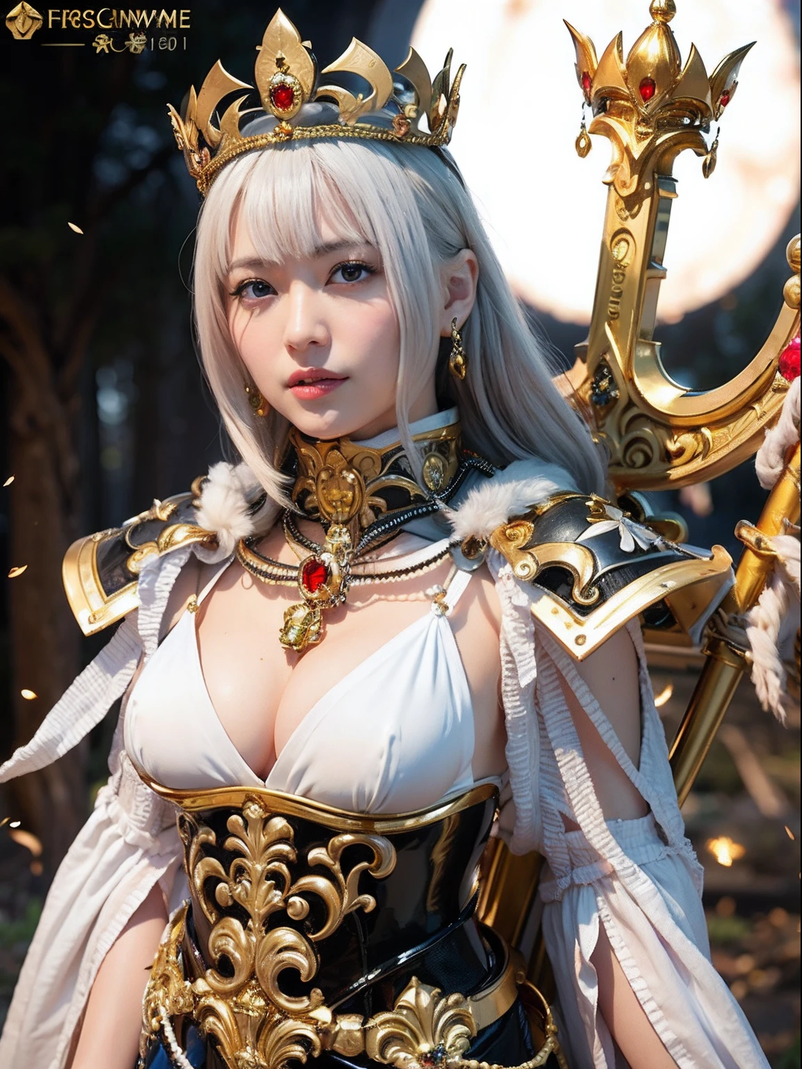 Professional , ​masterpiece、top-quality、photos realistic , depth of fields （Gemstone White Metal Body:1.９),(Matte White、Jewel Gold Weapon（Jewel Metal Body:1.４),Gorgeous metal weapons ,（（ Detailed and gorgeous sword of the brave）） , Beautiful knife   ,warhammer 40k ,Detail and ornate jewel crown、（（Micro Bikini Armor））、（（Gangle's forest background））、Beautiful Caucasian beauty、１a person、dynamic ungle,(((Detailed and ornate diamond crown)))、Smaller head、A smile、Background inside the castle、Thin and beautiful female hands、cleavage of the breast、Soldier in iron armor on background、Mystical expression、Light Effects、intense fighting、Wind-effect、magic circles、With the legendary magic wand、（wings of light）、Toostock、Anatomically correct body、