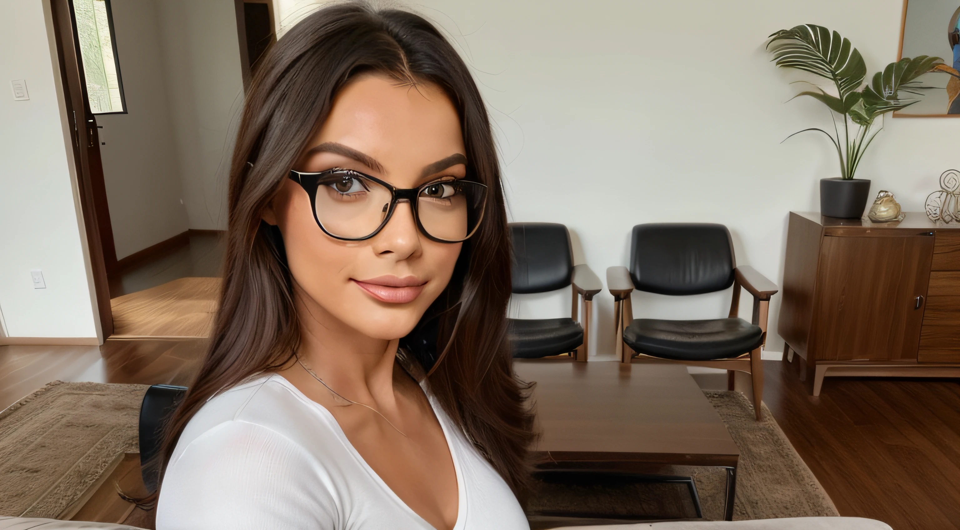 Fotografia altamente profissional, Foto ampla mostrando os arredores, Beautiful woman standing with perfect face, delicado e feliz, cabelos castanhos claros longos, lisos e iluminados, 36 anos, wearing beautiful glasses with ultra modern thick acetate frame and modern design, Healthy body but not athletic, roupas casuais leves e sofisticadas, Hands in pockets, rosto perfeito e altamente detalhado sem defeitos com maquiagem elegante, olhos verdes brilhantes, grande sorriso, texturas e detalhes extremos e sem defeitos, Background with huge living room of the mansion with furniture and decoration with ultramodern magazine design, concrete floors and furniture in wood and upholstery of straight lines and pair of armchairs Charles Eames in black leather, ambiente com muita luz natural e plantas decorativas, extremamente deslumbrante, mais alta qualidade, foco nítido, extremamente detalhado, UHD 64k