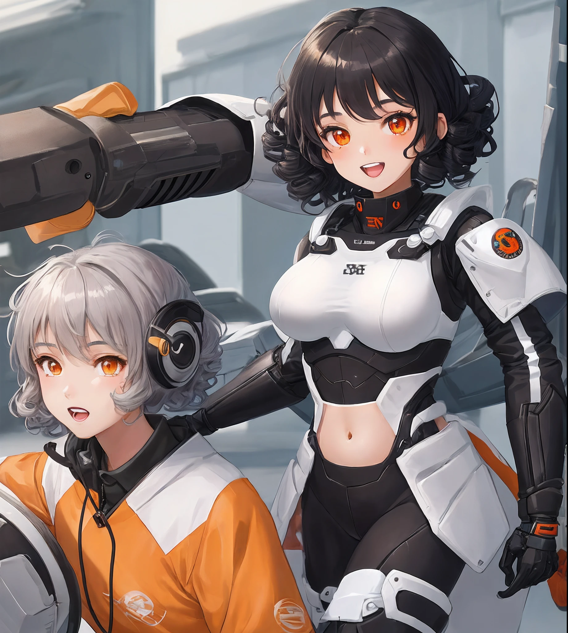 A light skin teenager girl with short curly black hair, orange eyes,shrap teeth,emo,combat suit,thick thights,boobs(best quality)+, masterpiece+,anime