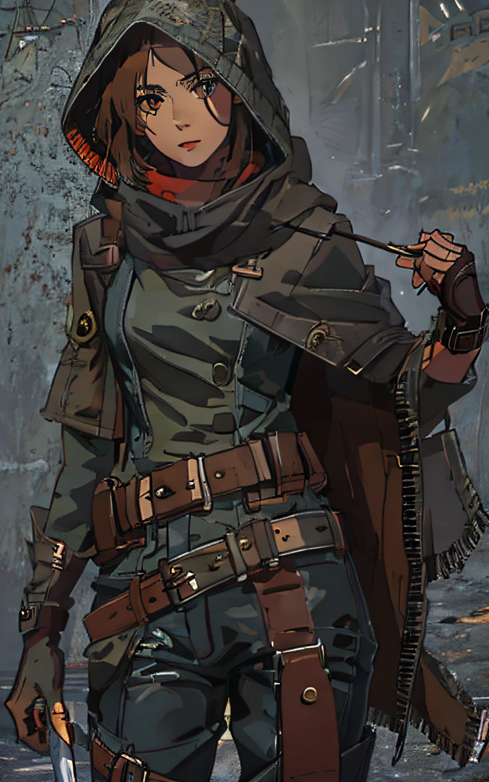 Sharp, 8k, Trending on ArtStation, an intricate, Pattern, Realistic fantasy, 7K,A hyper-realistic, hyper-detailing, Lonely girl wearing a dark, old jacket, An soft red scarf, brown hair, brown eyes, wrapped around the head, Detailed appearance, slightly malnourished thief, small smile , thin, baggy pants, boots, long jacket, jacket covers her, thief, adventurer, rapier sheath, black clothes, masterpiece, utility belt, marketplace background