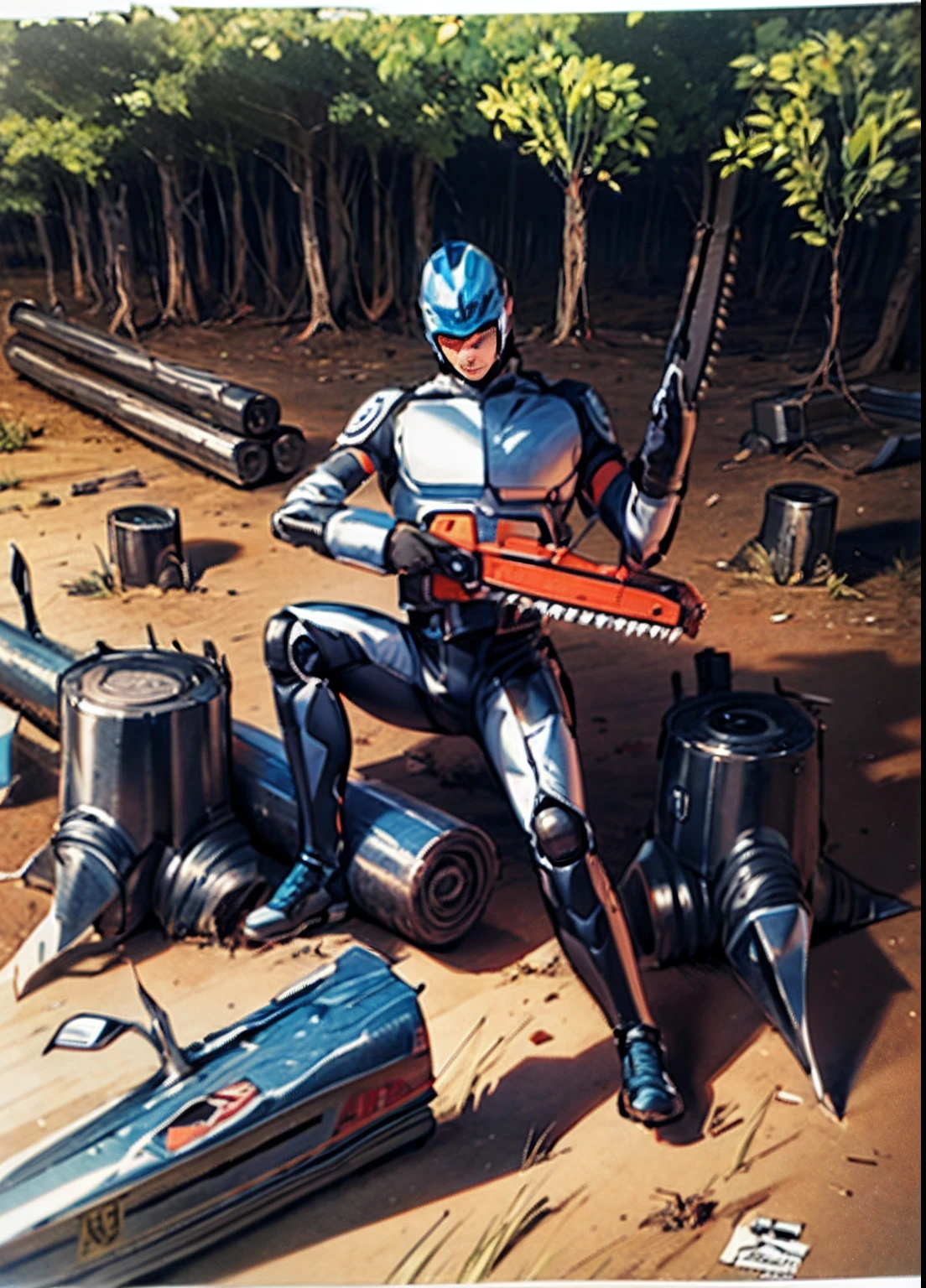 masterpiece, high quality images, higjh detailed faces, um desenho realista de um Ciborgue com o corpo prateado, cromado, reflexivo, visor com luz no capacete, pele do queixo caucasiana, Arms with chainsaws in a forest, Cut trees and trunks on the ground. Ciborgue apreende a coroa da floresta, (inktober), inspirado por Joe Jusko, segurar motosserra na floresta, inktober, Desenhado no estilo de Mark Arian, mecha inspirado, arte perfeita da caneta e da linha de tinta, tinta e tom de tela, fanart detalhado, Arte realista de linha intensa, comic drawing, Production art, Fantastic Art, 8k
