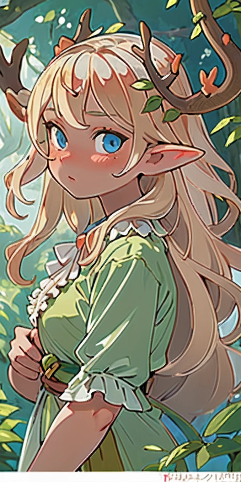 (masterpiece, best quality), 1girl, intricate details, blonde, leaf, wavy hair, looking at viewer, elf, upper body, forest, frills, mist, deer antlers,