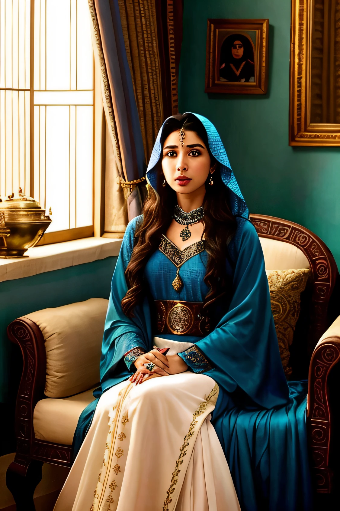 woman in a blue dress sitting on a chair in front of a mirror, mahira khan as a d&d wizard, mahira khan as a mage, arab ameera al-taweel, faridah malik, khyzyl saleem, ameera al-taweel, arab ameera al taweel, inspired by Lubna Agha