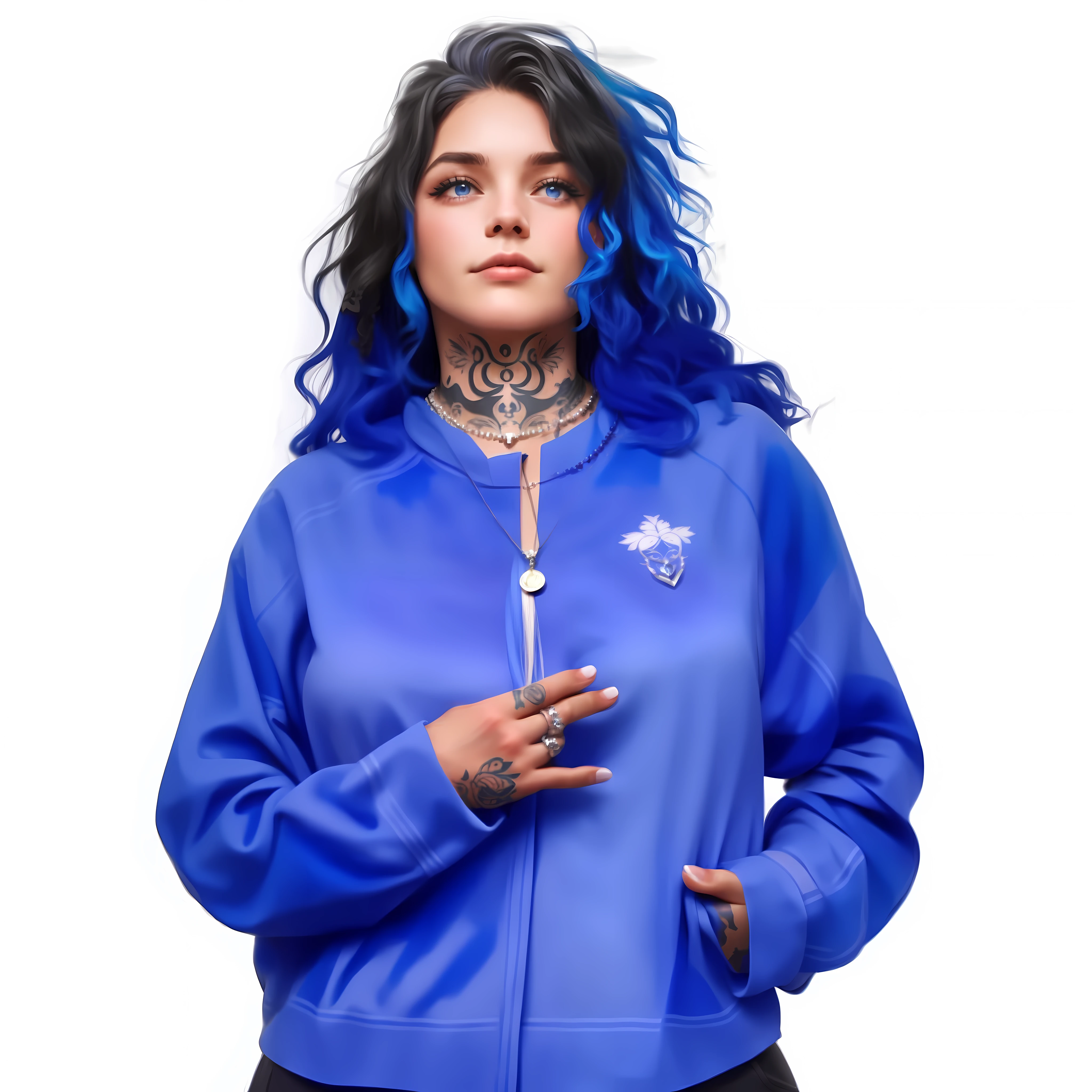 uma garota de cabelo azul, com casaco azul, with tattoo and necklace on the neck, posando para foto.