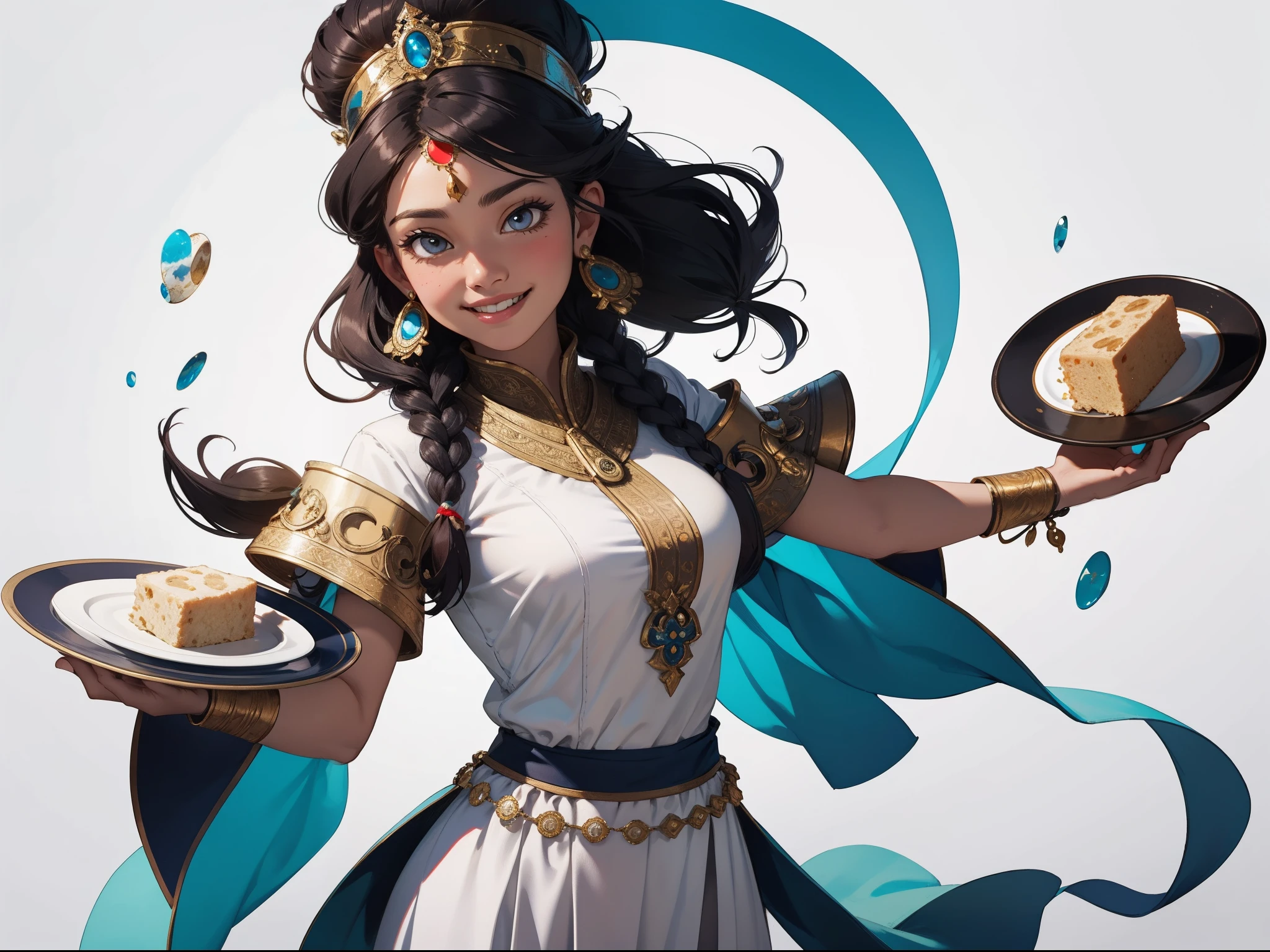 A girl, ancient Indian kerala costume, only white costume, Holding a plate filled with white circle idlies, smiling happily, whole body, sunshine, clear face, clean white background, masterpiece, super detail, epic composition, ultra HD, high quality, extremely detailed, official art, uniform 8k wallpaper, super detail, 32k