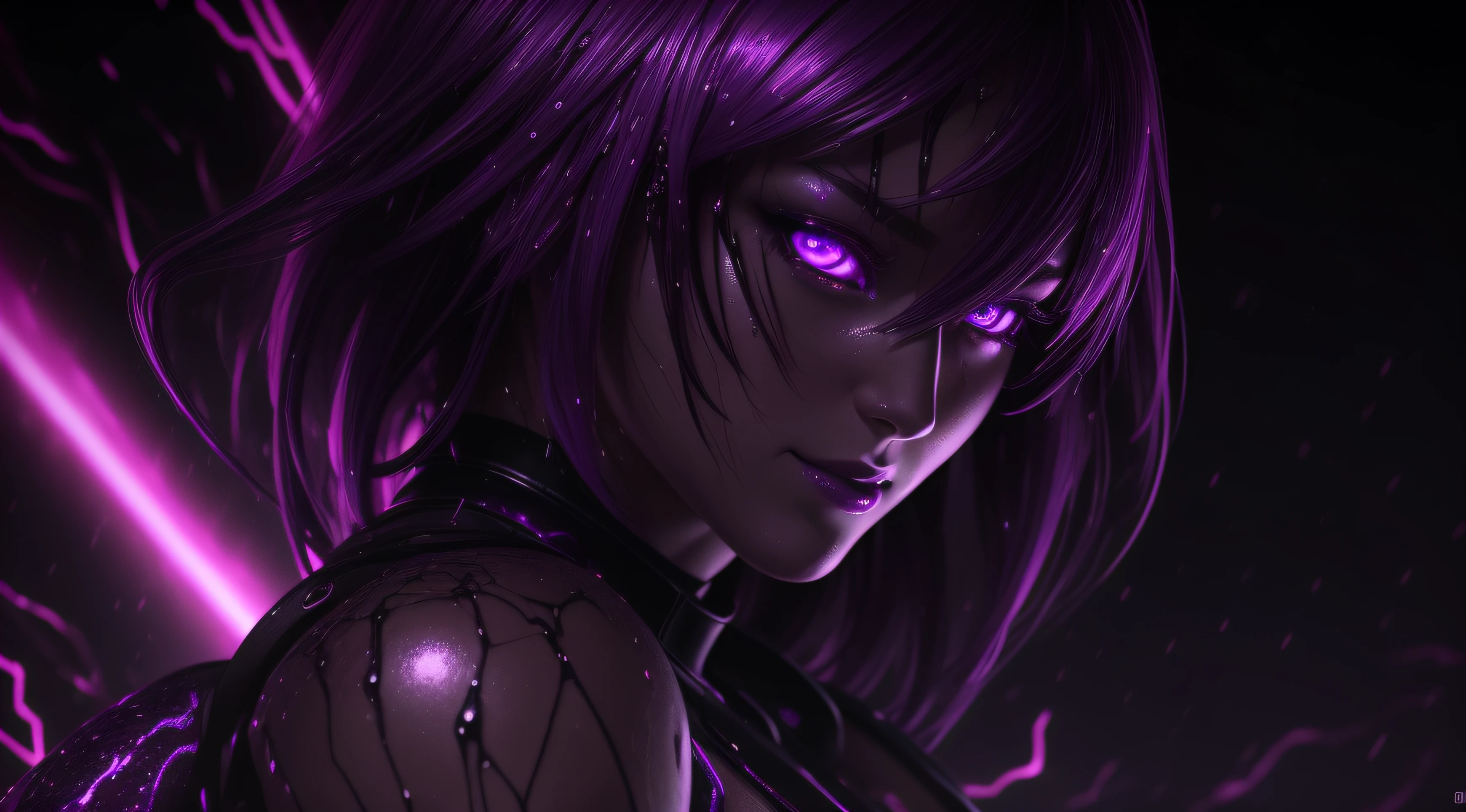 sexy motoko, Glow, seductive, glowing purple eyes , sexy , (ultra photorealistic:1.3), (masterpiece:1.4), best quality, ((realistic)), high quality, ultra detailed, ((real image)), ((realistic skin)), ((realistic face)),(illustration:1.05), (beautiful:1.05), (beautiful detailed eyes:1.05), (cinematic light:1.1), Extremely realistic , evil , wet ,corrupted , black veins ,parasites , dark energy , swarm, hive , grin , sadistic, wet ,portrait , purple glow ,possessed, tease ,  ,