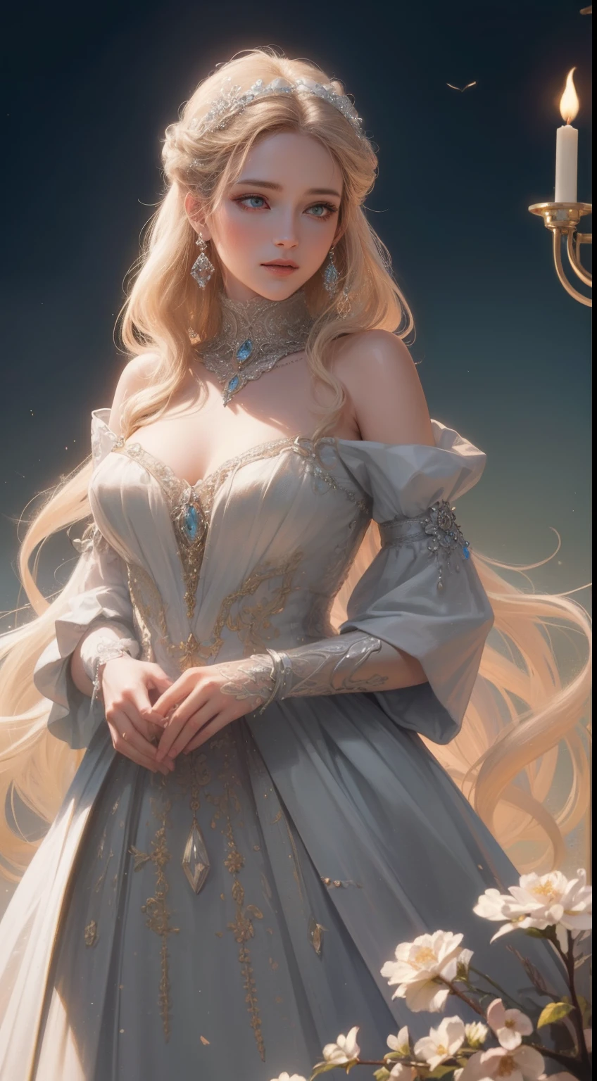 tmasterpiece,Highest high resolution,A bust of a beautiful royal maiden,Delicate braided hair,Coiled hair,Shining clear eyes,The hair is covered with beautiful and delicate floral craftsmanship, crystal、Diamond jewelry filigree,Ultra-detailed details,upscaled,softlighting。