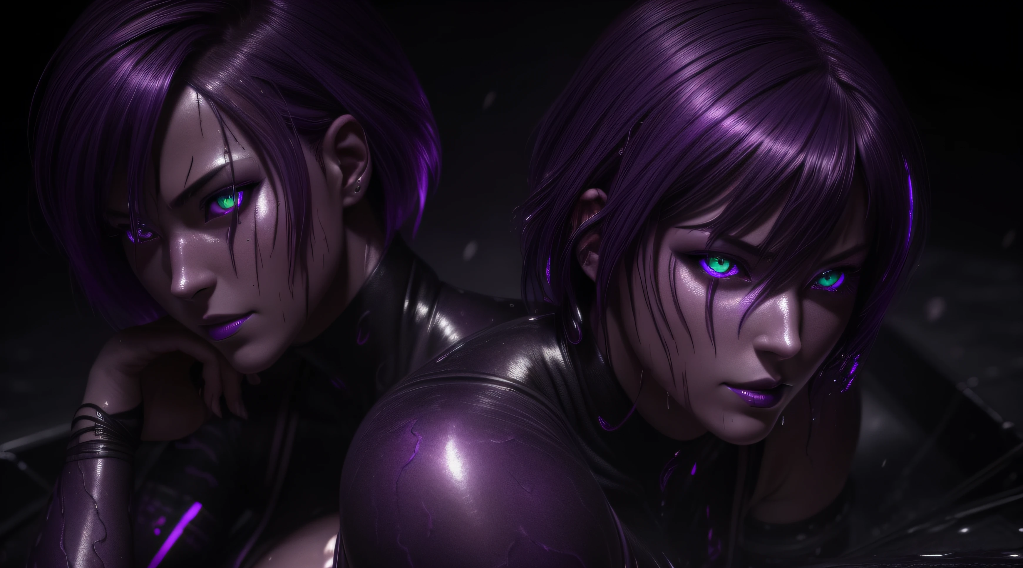 sexy motoko, Glow, seductive, glowing purple eyes , sexy , (ultra photorealistic:1.3), (masterpiece:1.4), best quality, ((realistic)), high quality, ultra detailed, ((real image)), ((realistic skin)), ((realistic face)),(illustration:1.05), (beautiful:1.05), (beautiful detailed eyes:1.05), (cinematic light:1.1), Extremely realistic , evil , wet ,corrupted , black veins ,parasites , dark energy , swarm, hive , grin , sadistic, wet ,portrait , purple glow ,possessed, tease , ,