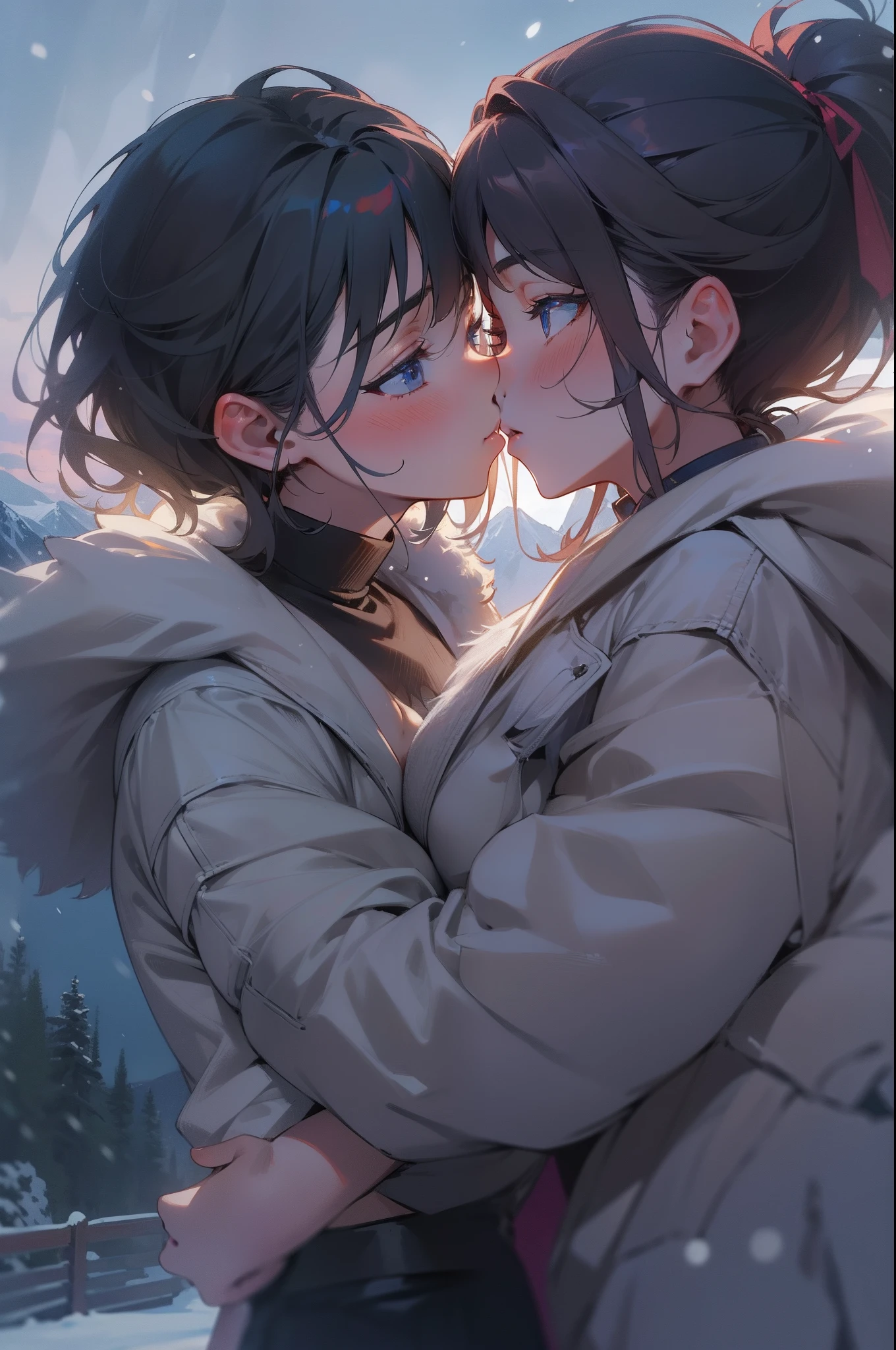masterpiece, best quality,8k, perfect face, expressive eyes, 2girls, lesbians, couple, cute, two girls hugging, girl kissing cheek, ((two people looking at each other)), outdoors, winter, snowstorm, night time, mountain in background, in bra and underwear