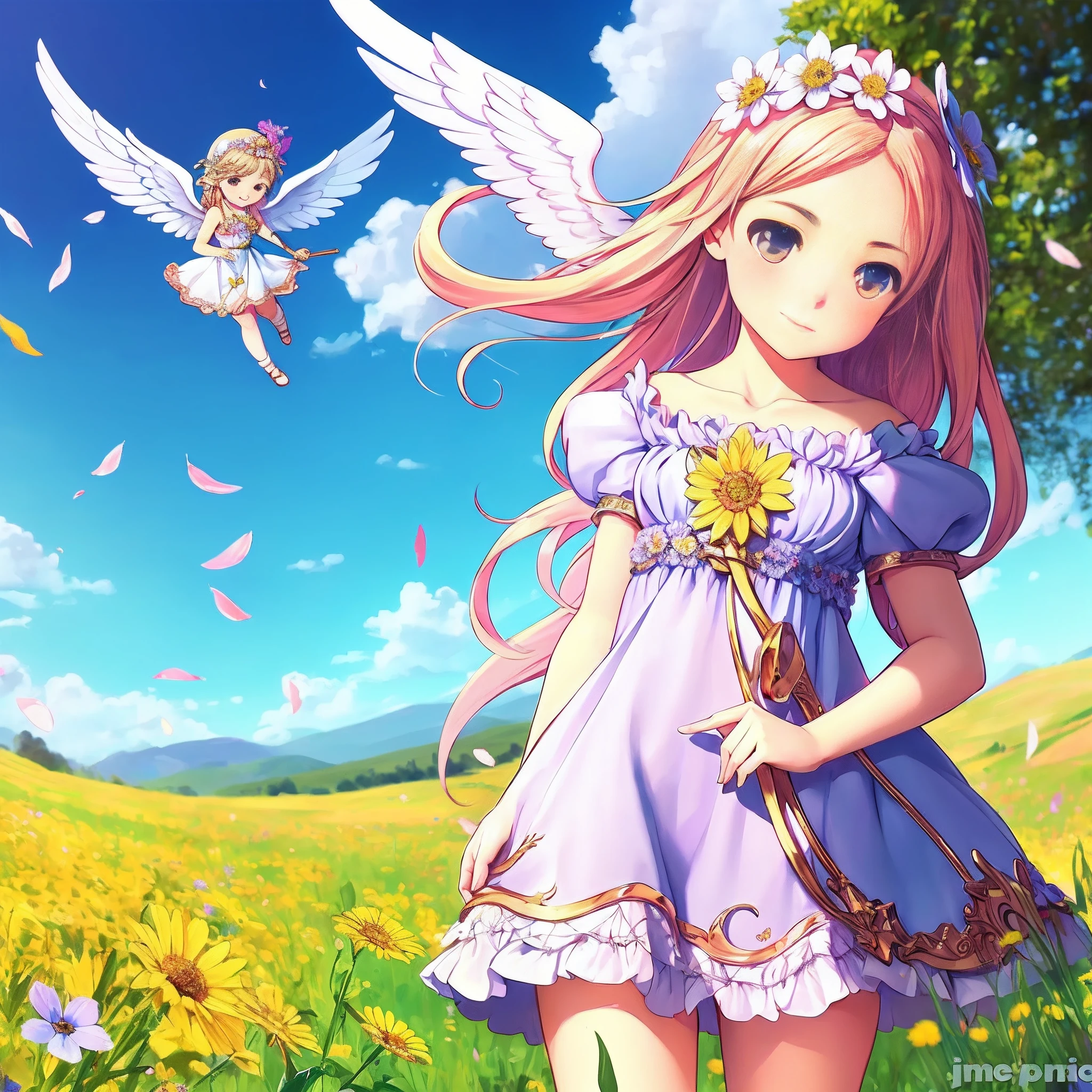 (obra maestra) (La mejor calidad) obra maestra, La mejor calidad. A realistic and very feminine and beautiful female version of Cupid the god of love. In a meadow of wild flowers on a very bright and spectacular day. Musa, Delicada belleza, poetry, divinidad luminosa, cinematic quality.