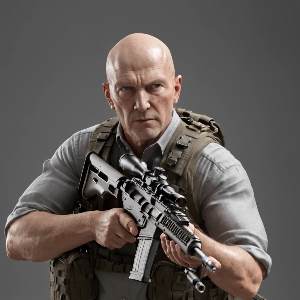 Tough mercenary type man holding a Remington® 700™ XCR Long-Range Tactical Bolt-Action Rifle,face mix of Walther White and bruce willis,bald head, realistically, dynamic lights, old, full shoot, trending on ArtStation, trending on CGSociety, High Detail, Sharp focus, dramatic, photorealistic , full bodyshot