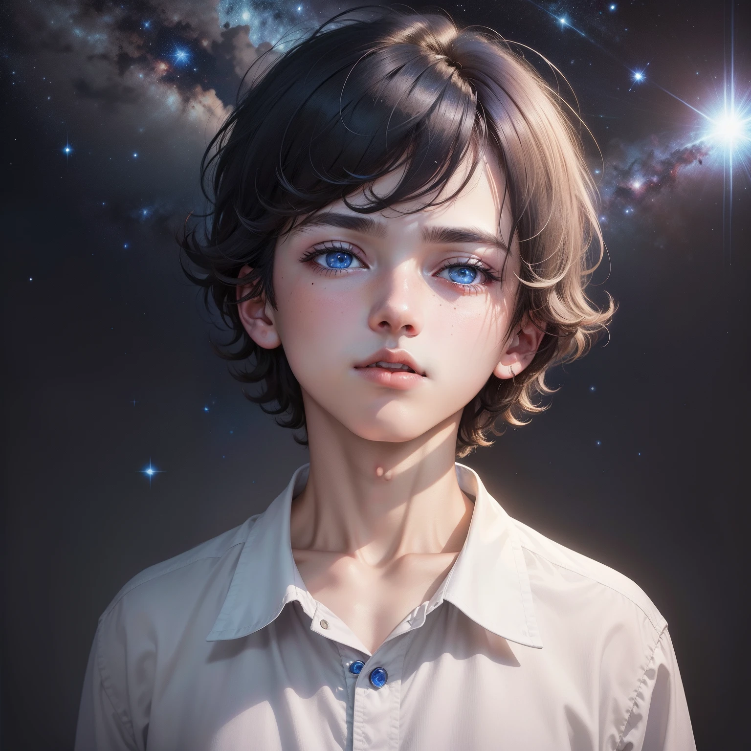 One Boy,masterpiece,Top image quality,Beautiful Boys,hair messy,A dark-haired(Bob Hair),hair_bloo,Eyes are sapphire blue,White shirt with collar,Looking Up,Moles around the eyes,(starryskybackground),(fleeting),Highlights in the eyes,The mouth is closed