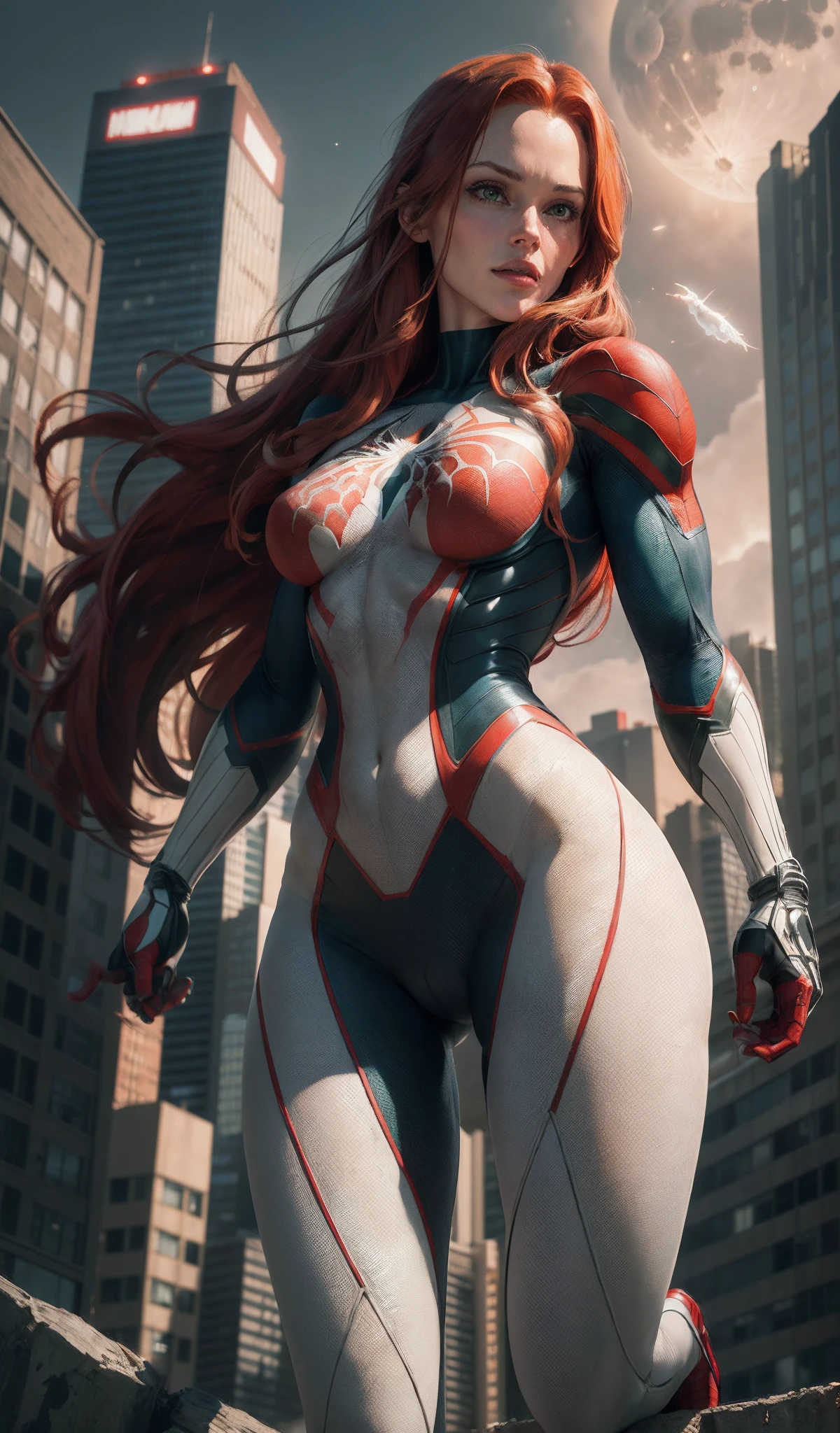 looks like Jennifer Garner from Alias TV series, (Masterpiece, 4k resolution, ultra-realistic, very detailed), (White superhero theme, charismatic, there's a girl on top of town, wearing Spider-Man costume, she's a superhero), [ ((25 years), (long red hair:1.2), full body, (green eyes:1.2), ((Spider-Man pose),show of strength, jumping from one building to another), ((sandy urban environment):0.8)| (cityscape, at night, dynamic lights), (full moon))] # Explanation: The Prompt mainly describes a 4K painting of ultra-high definition, very realistic, very detailed. It shows a superheroine at the top of the city, wearing a Spider-Man costume. The theme in the painting is a white superhero theme, the female protagonist has long red hair, is 25 years old and her entire body is shown in the painting. In terms of portraying the actions of superheroines, spiders are employed, cameltoe, camel toe