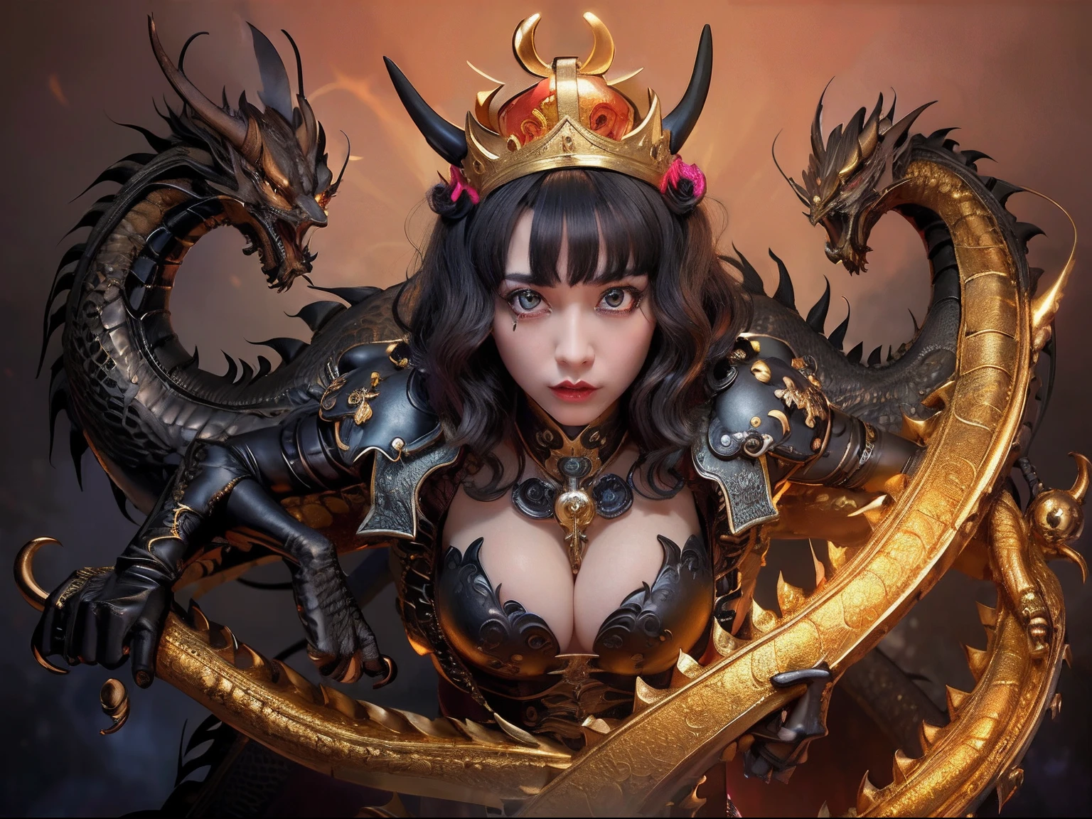 Professional , ​masterpiece、top-quality、photos realistic , depth of fields （Gemstone Black Metal Body:1.９),(Enamel Black、（cleavage of the breast）、（Chinese Dragon）、Dragon Gold Weapon（Dragon Metal Body:1.４),Gorgeous gold weapons ,（（ Dragon's dense and gorgeous sword）） ,  、blood splashing、  ,warhammer 40k , adepta sororitas,Detail and gorgeous crown、（（Brown hair））、（The dragon）、（Castle background）、The dragon、（（Gangle's forest background））、Beautiful Caucasian beauty、（１a person）、dynamic ungle,(((Detailed and ornate Black Devil Crown)))、Smaller head、A smile、Castle background、Thin and beautiful female hands、cleavage of the breast、Mystical expression、Light Effects、Wind-effect、magic circles、With the legendary magic wand、（demonic wings）、Toostock、