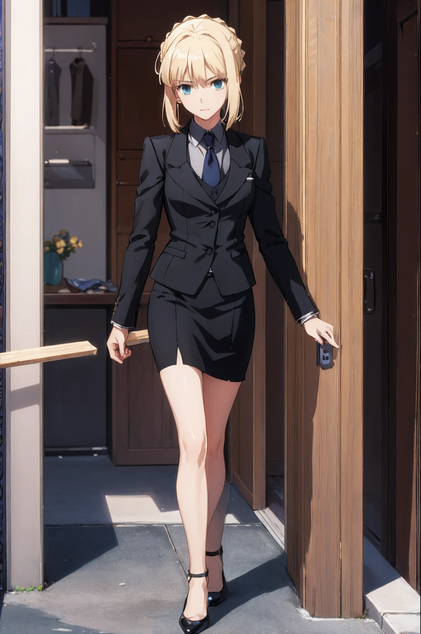 (masterpiece:1.4), (best quality:1.4), realistic, 1girl, artoria pendragon \(fate\), skirt suit, blazer, pencil skirt, high heels, full body
